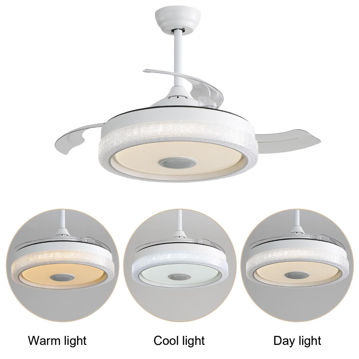 Ein weißer Deckenventilator mit Licht. 3 Bilder mit warmen, kühlen und Tageslichtoptionen.