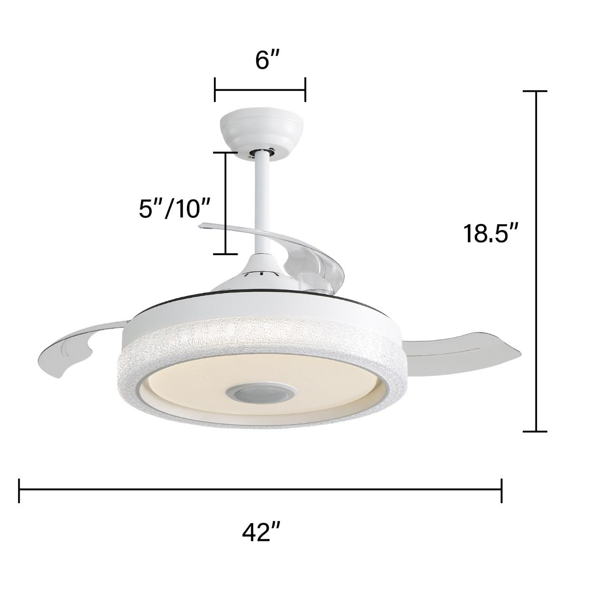 Weißer Deckenventilator mit Licht und Abmessungen in Zoll: 6, 5/10 und 42. Er befindet sich auf weißem Hintergrund.