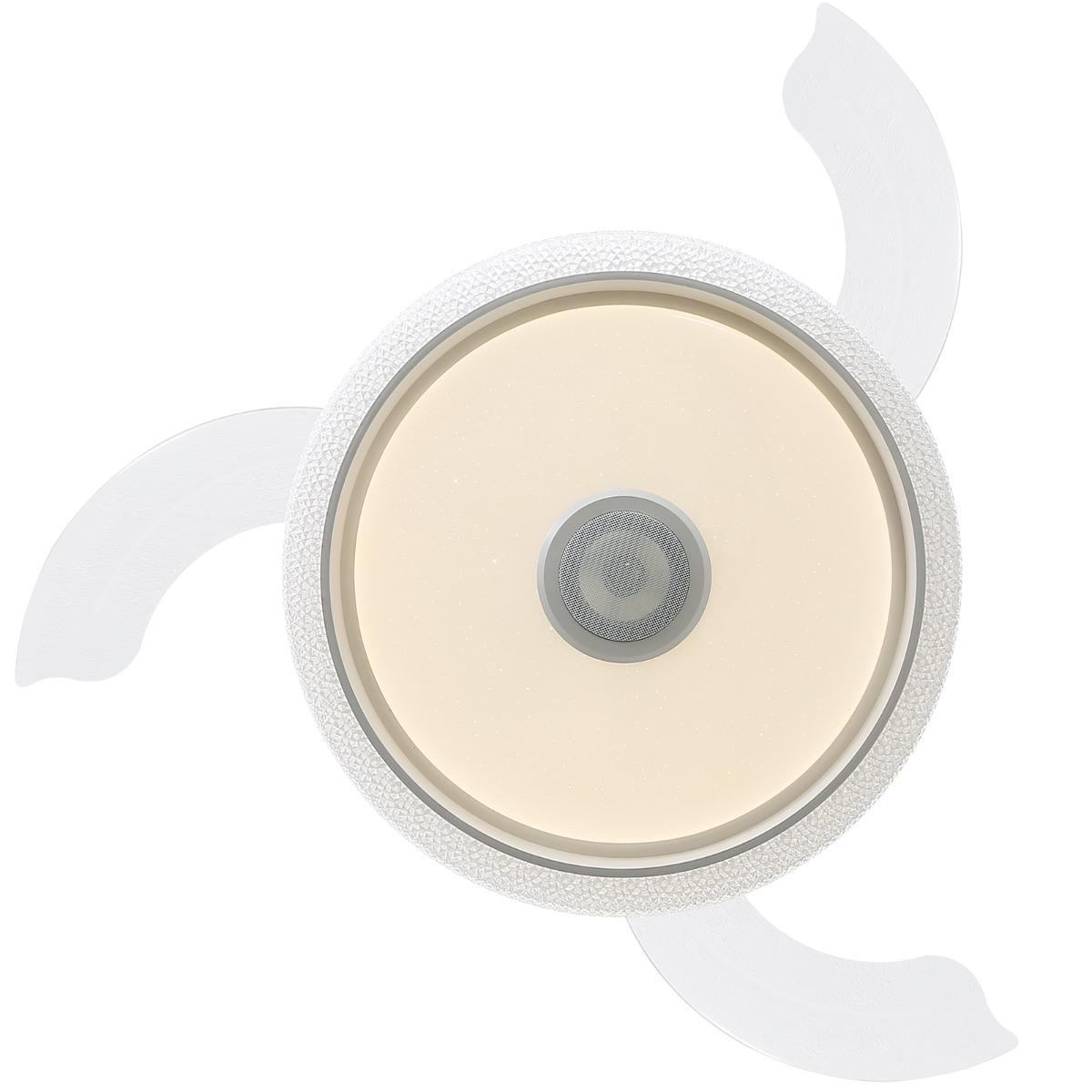 Ein weißer Deckenventilator von unten. Er hat ein ringförmiges Licht und drei Flügel.