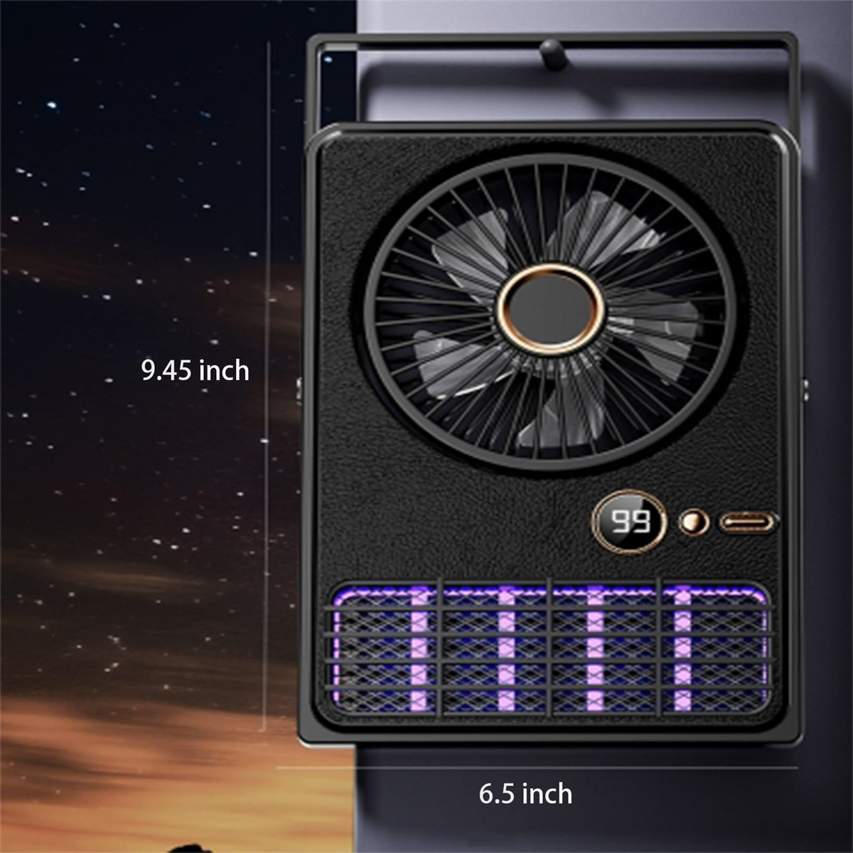 Schwarzer Ventilator mit Anzeige 99. Modi: Comfort, Cool, Natural Breeze, Turbo, Sleep.
