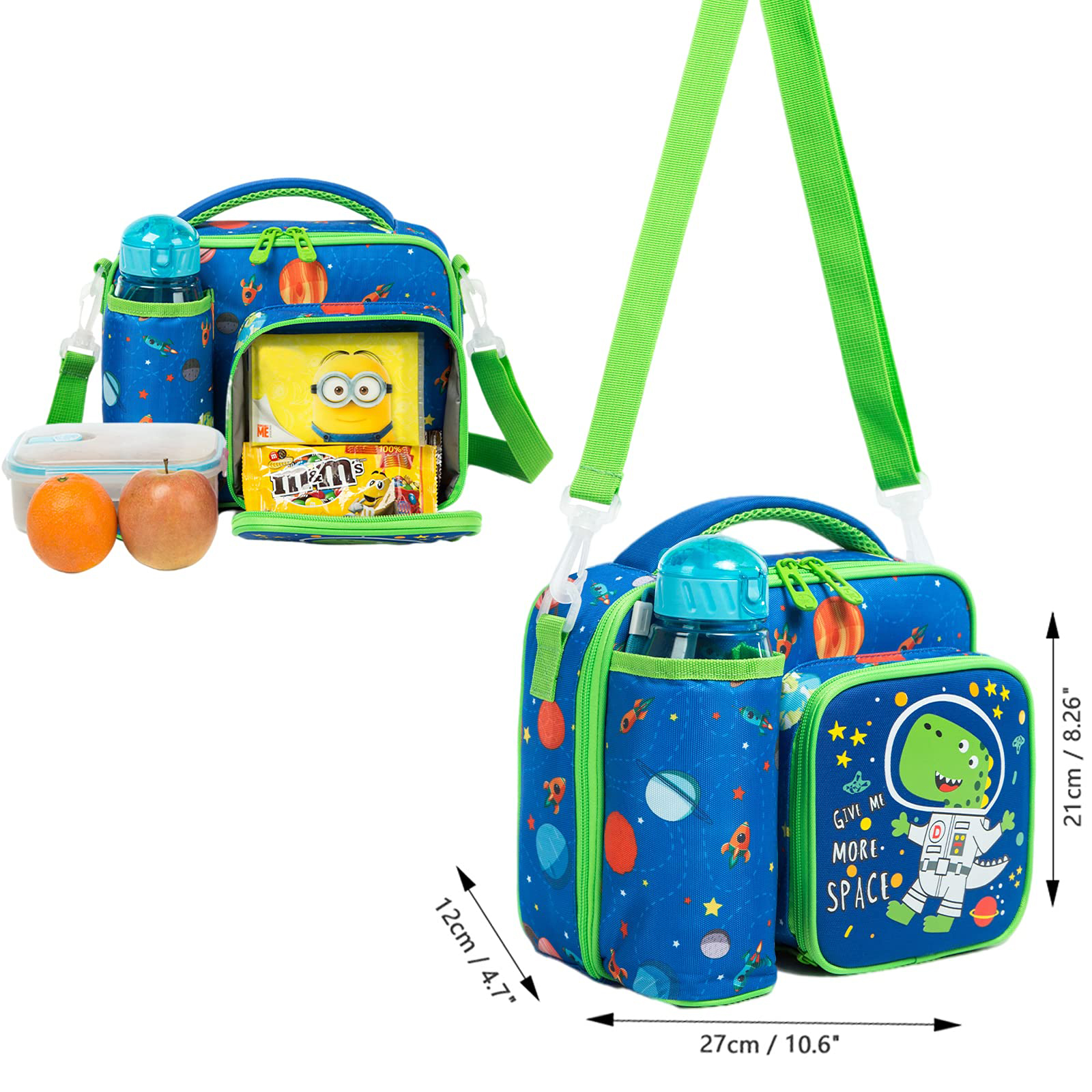 Lunchbag mit Brotdose, Snacks, Wasserflasche und Maßen. Blaue Tasche mit Dinosaurier-Astronauten-Design und grünen Akzenten.