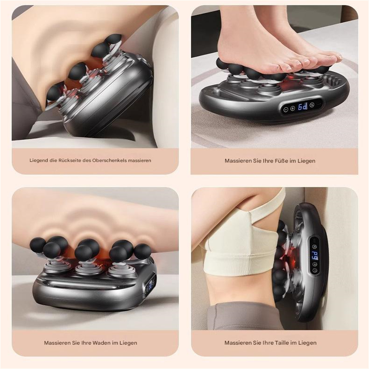 Collage zeigt Massagegerät zur Anwendung an Bein, Fuß, Wade und Taille mit angezeigten Einstellungen.