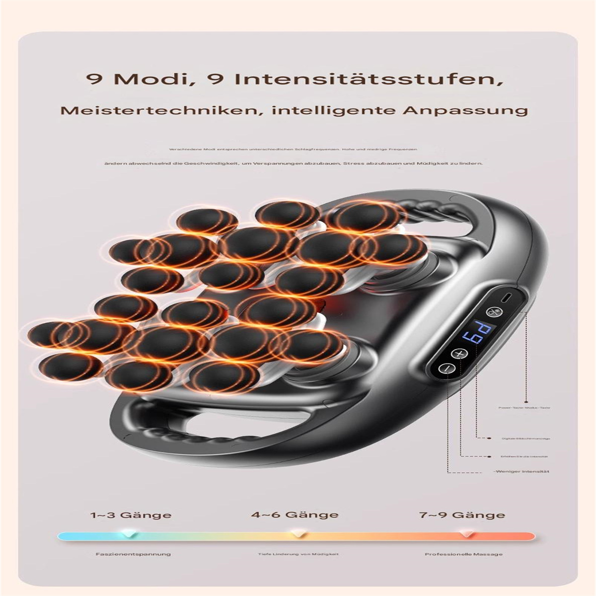 Eine Illustration zeigt ein Massagegerät mit Kugeln, Text zur Beschreibung der Einstellungen und einen Farbverlauf.