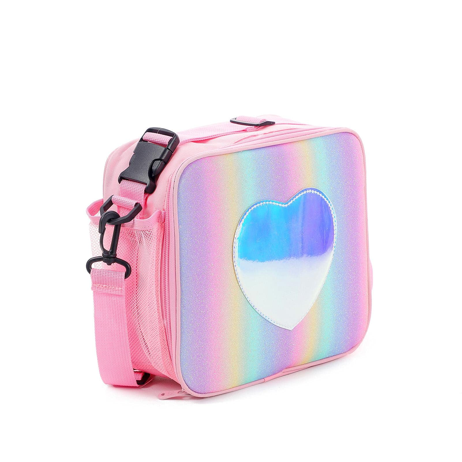 Eine rosa und regenbogenfarbene Lunchtasche mit herzförmigem Fenster und schwarzem Gurt.