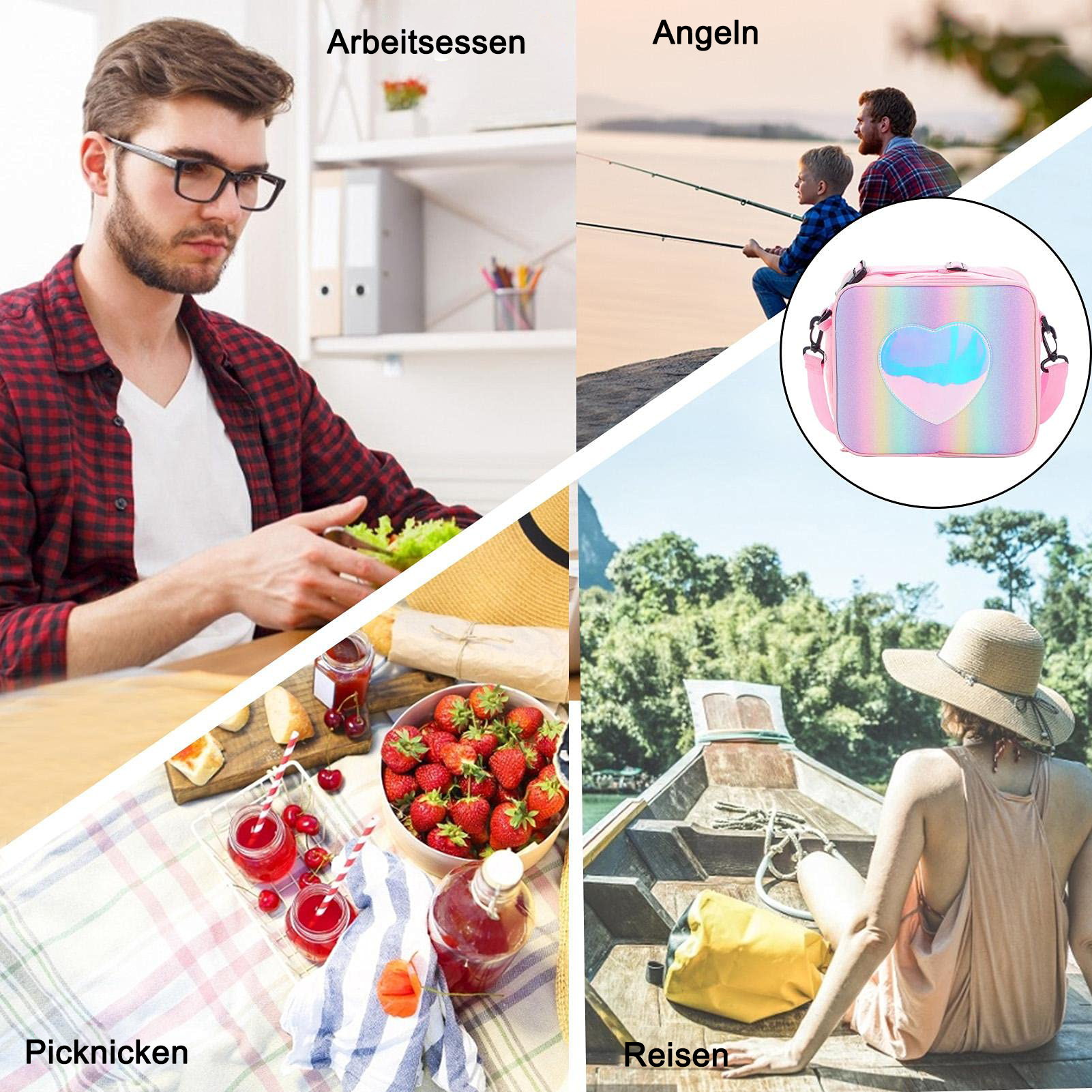 Eine Collage, die eine Lunchtasche in verschiedenen Szenarien zeigt: ein Mann bei der Arbeit, Leute beim Angeln und Picknick.