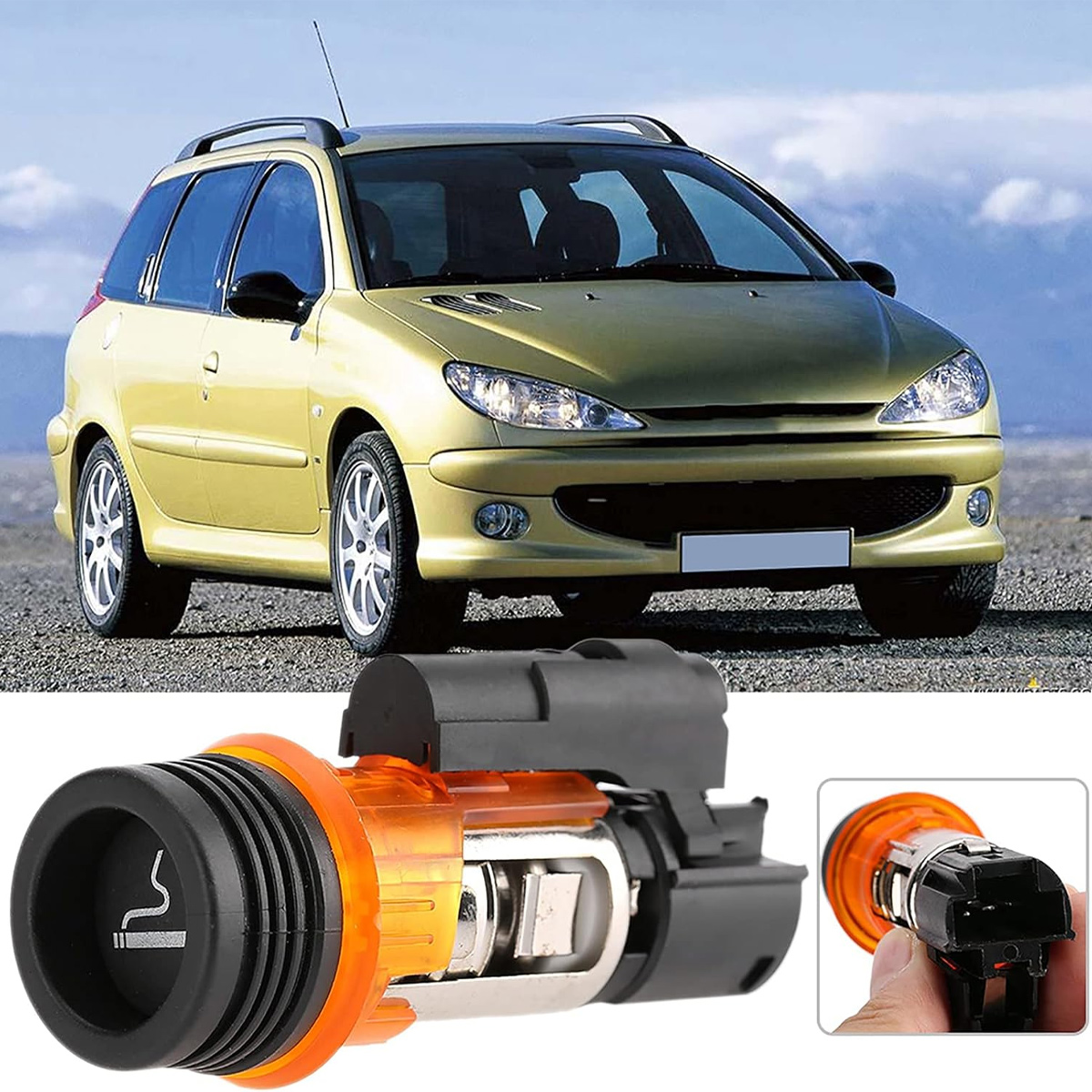 Ein Auto und ein abgetrennter Zigarettenanzünder. Der Anzünder ist orange und schwarz, mit einem beleuchteten Element.
