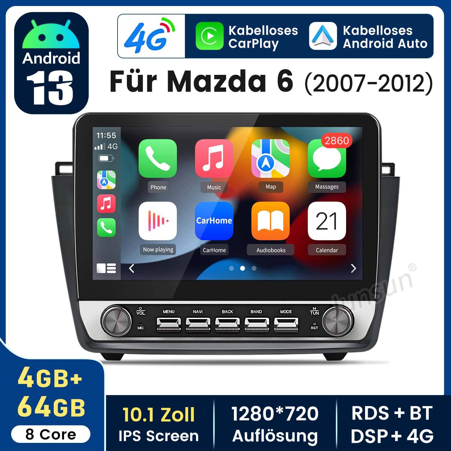 Ein Android-Autoradio mit CarPlay, angezeigt mit App-Symbolen und Systeminformationen.