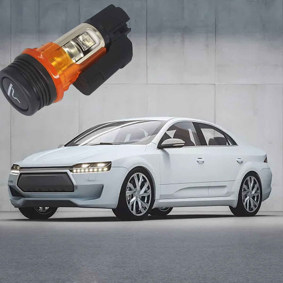Ein Auto und ein abgetrennter Zigarettenanzünder. Der Anzünder ist orange und schwarz, mit einem beleuchteten Element.