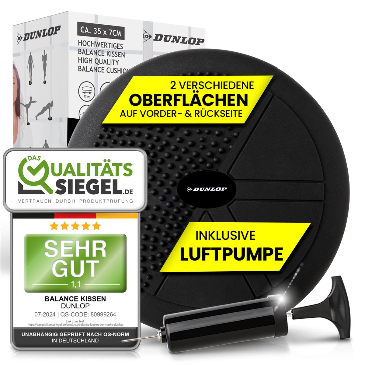 Ein schwarzes Balancekissen mit Pumpe und Schild. Auf dem Schild steht: 'Balance Kissen, hohe Qualität, Balance Kissen'.