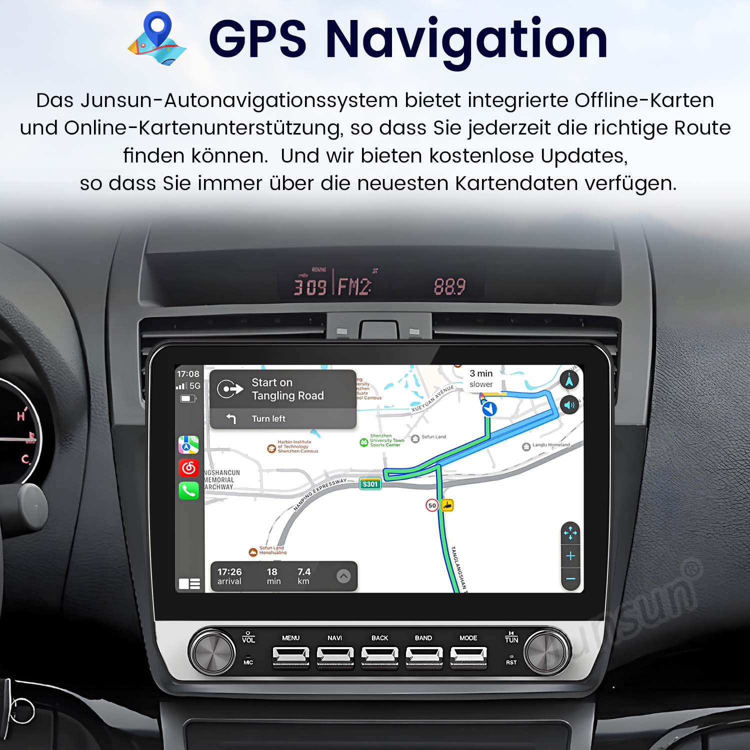 Ein Bildschirm im Armaturenbrett eines Autos, der eine GPS-Navigationskarte zeigt. Der Text oben lautet 'GPS-Navigation'.