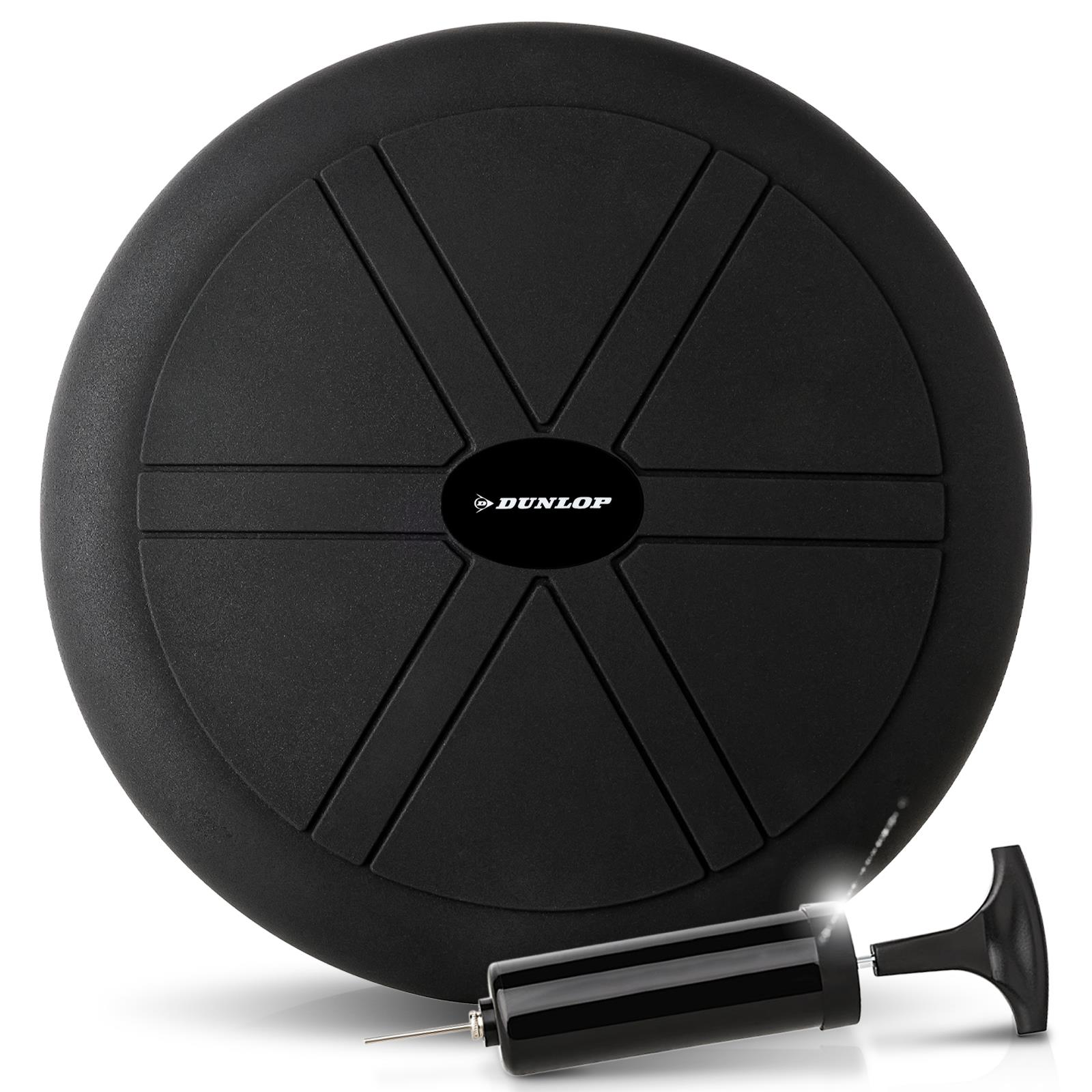 Ein schwarzes Balancekissen mit Dunlop-Logo. Eine schwarze Pumpe ist im Lieferumfang enthalten. Das Kissen hat eine strukturierte Oberfläche.