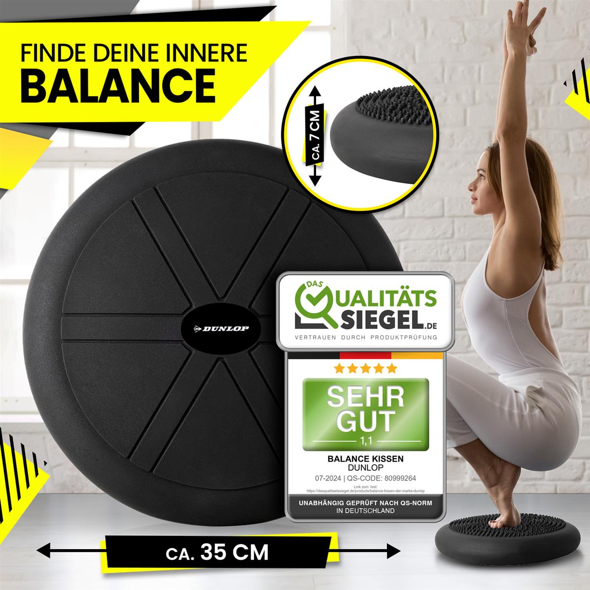 Eine Frau balanciert auf einem schwarzen Kissen. Text lautet: 'Finde dein inneres Gleichgewicht'. Auf dem Schild steht 'Balance Kissen'.
