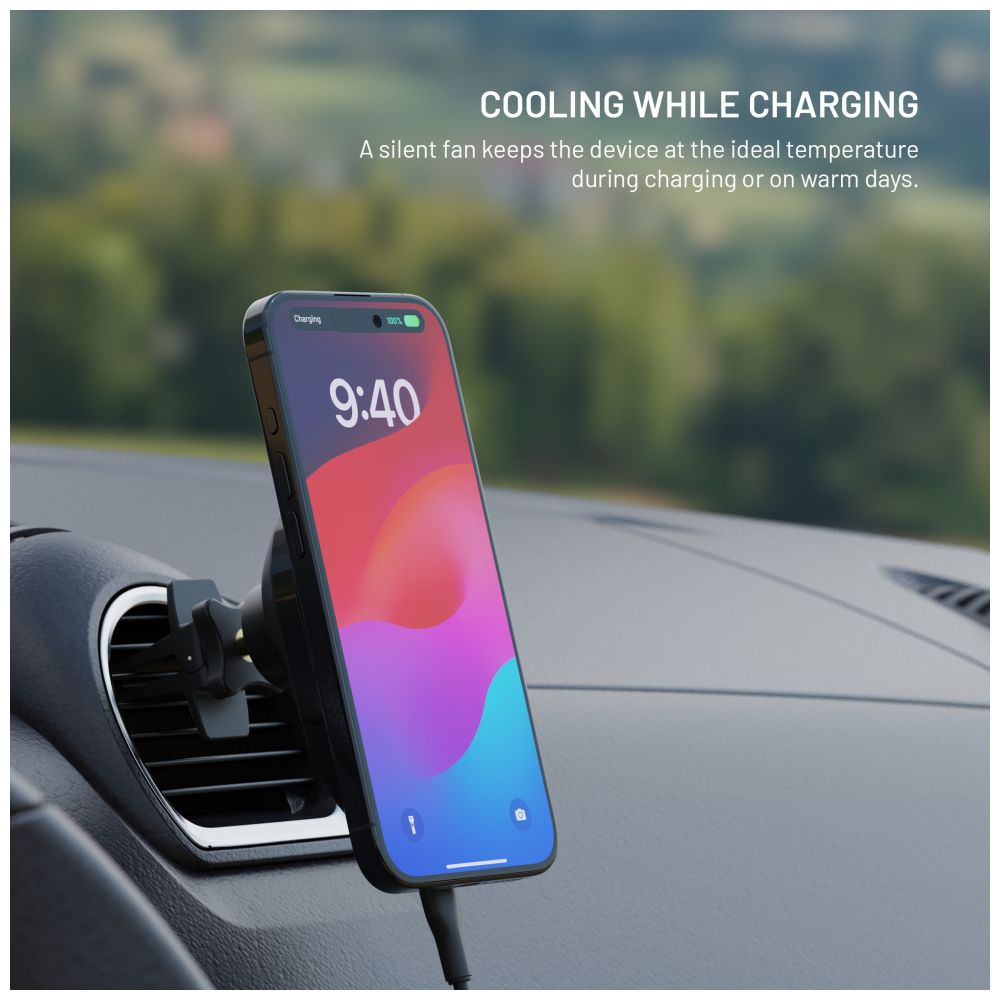 Autotelefonhalterung mit ladendem Telefon. Text: Kühlung beim Laden und ein Telefonbildschirm, der 9:40 zeigt.