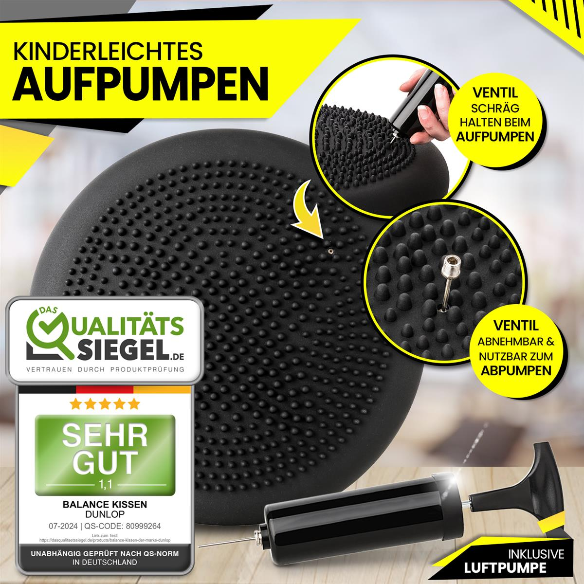 Schwarzes Balance-Kissen mit mitgelieferter Pumpe. Text: Einfaches Aufpumpen und ein Qualitätssiegel.