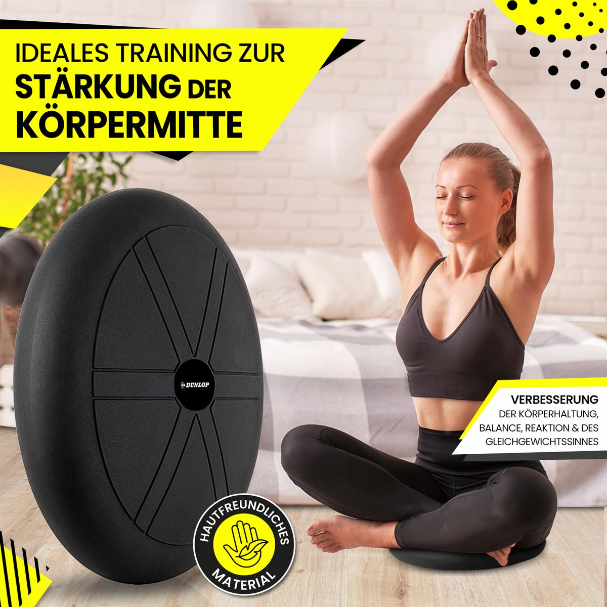 Eine Frau macht Yoga auf einem schwarzen Balancekissen. Text lautet: 'Ideales Training für den Kern'.