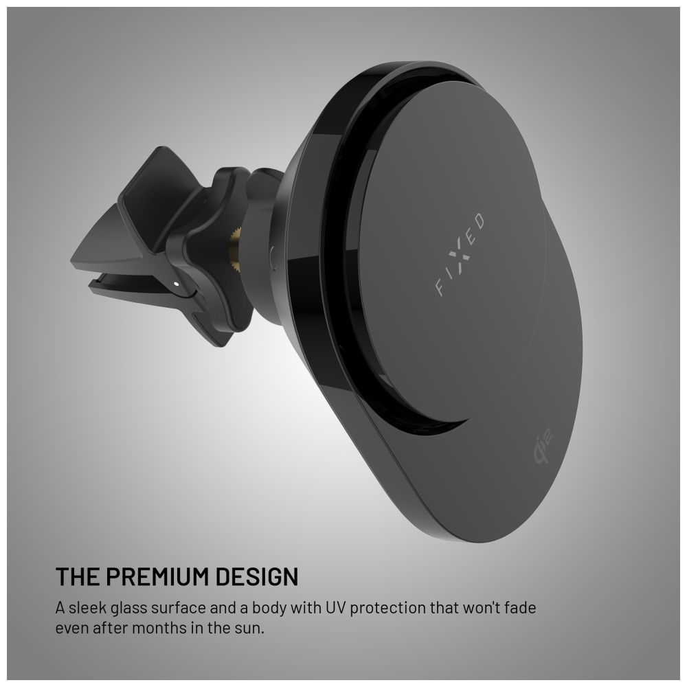 Schwarzer Autotelefonhalter mit glatter Glasoberfläche. Der Text lautet: Das Premium-Design.