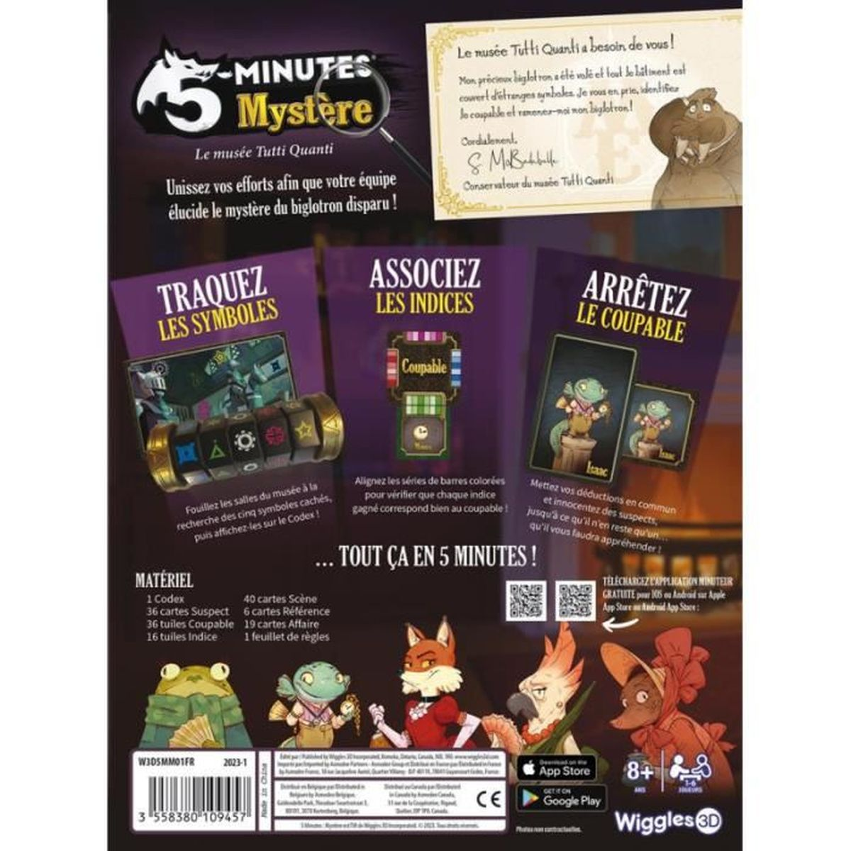 Brettspielbox mit Text und Bildern, umgeben von Karten und Anweisungen auf weißem Hintergrund.