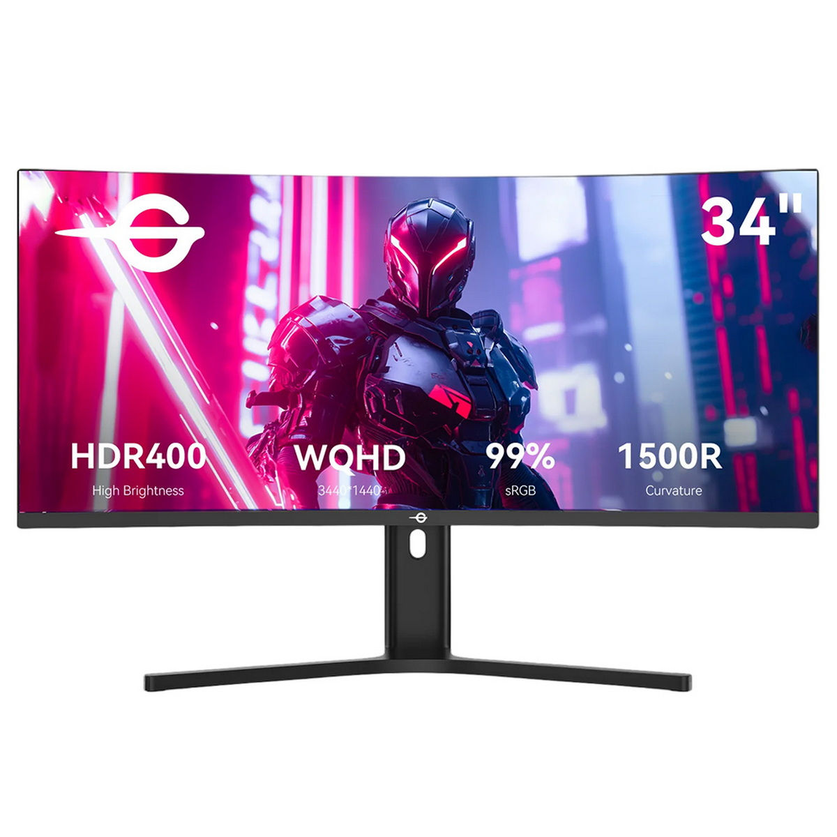 Zakrzywiony monitor z postacią gracza na ekranie. Specyfikacje: HDR400, WQHD, 99% sRGB i krzywizna 1500R.