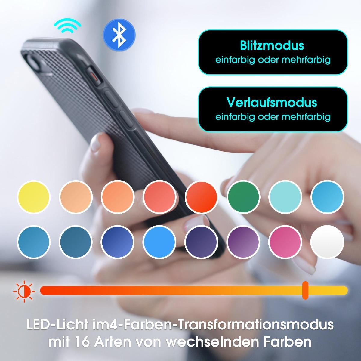 Eine Hand, die ein Telefon mit Farbmustern und Symbolen für Bluetooth-Konnektivität und zwei Modi hält.