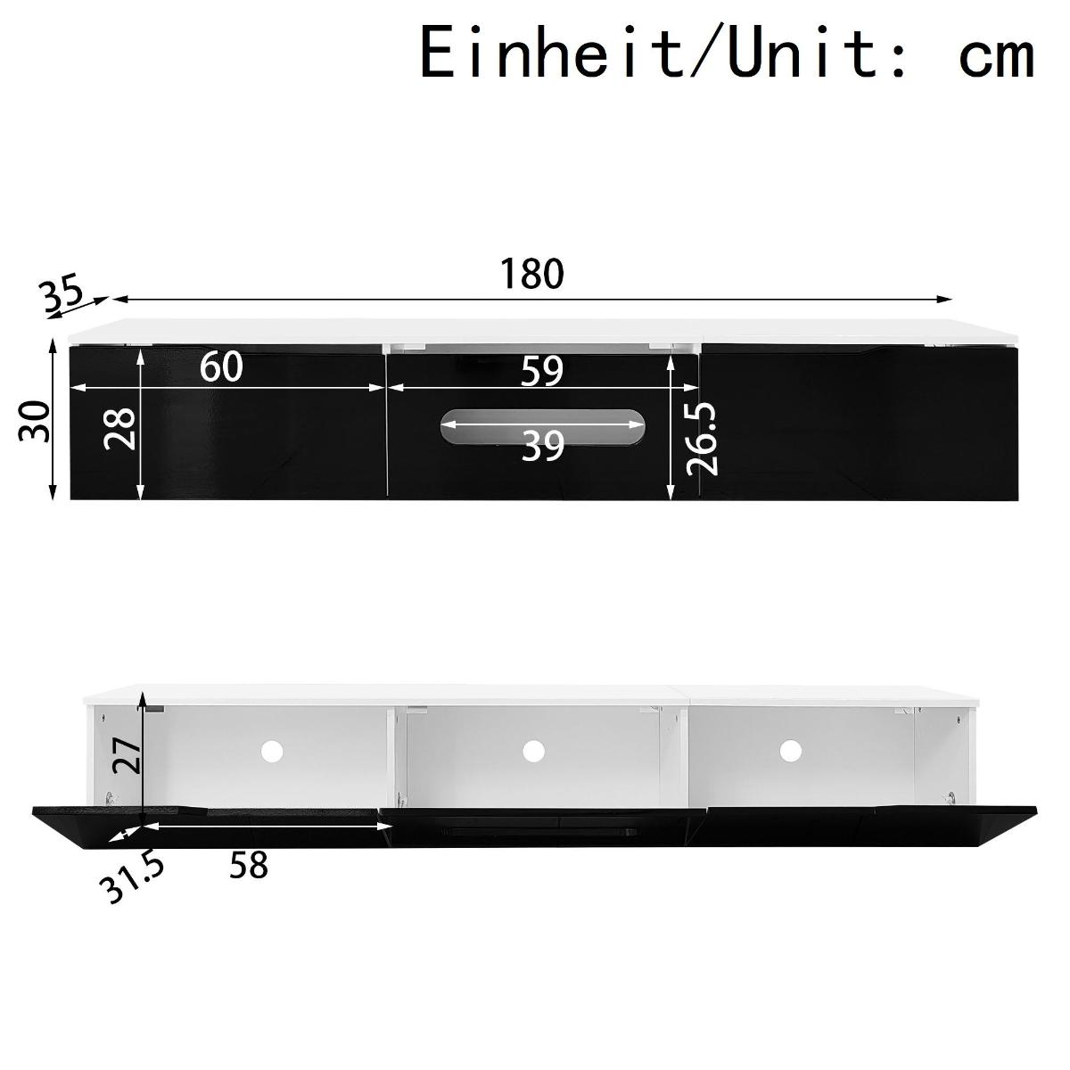 Diagramm eines schwarz-weißen TV-Ständers mit Abmessungen.