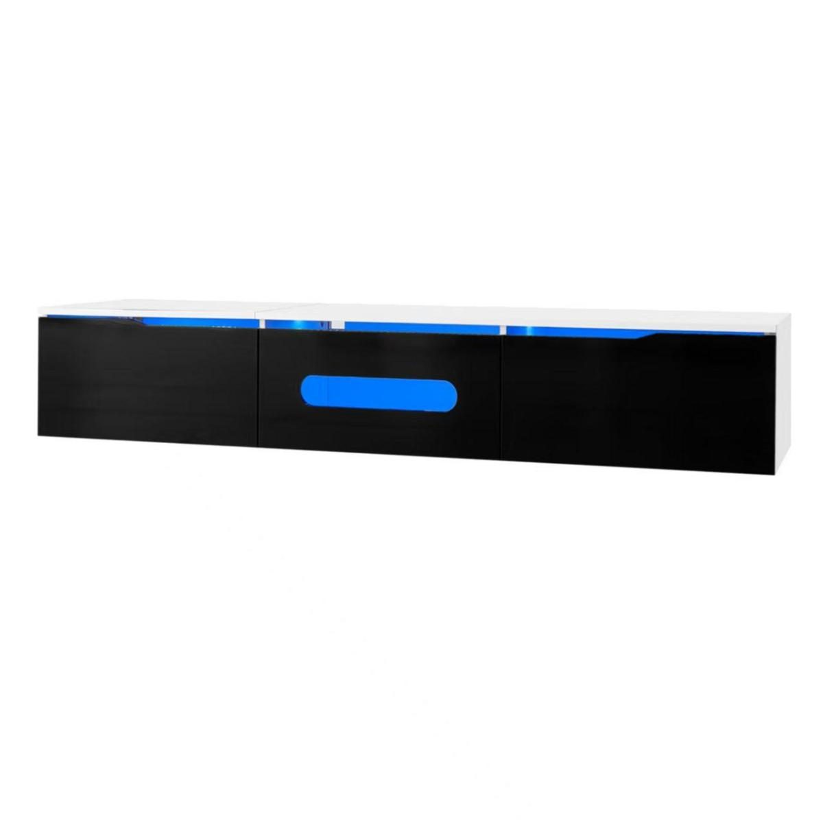Ein schwebender schwarz-weißer Schrank mit drei Türen und blauen Lichtakzenten.
