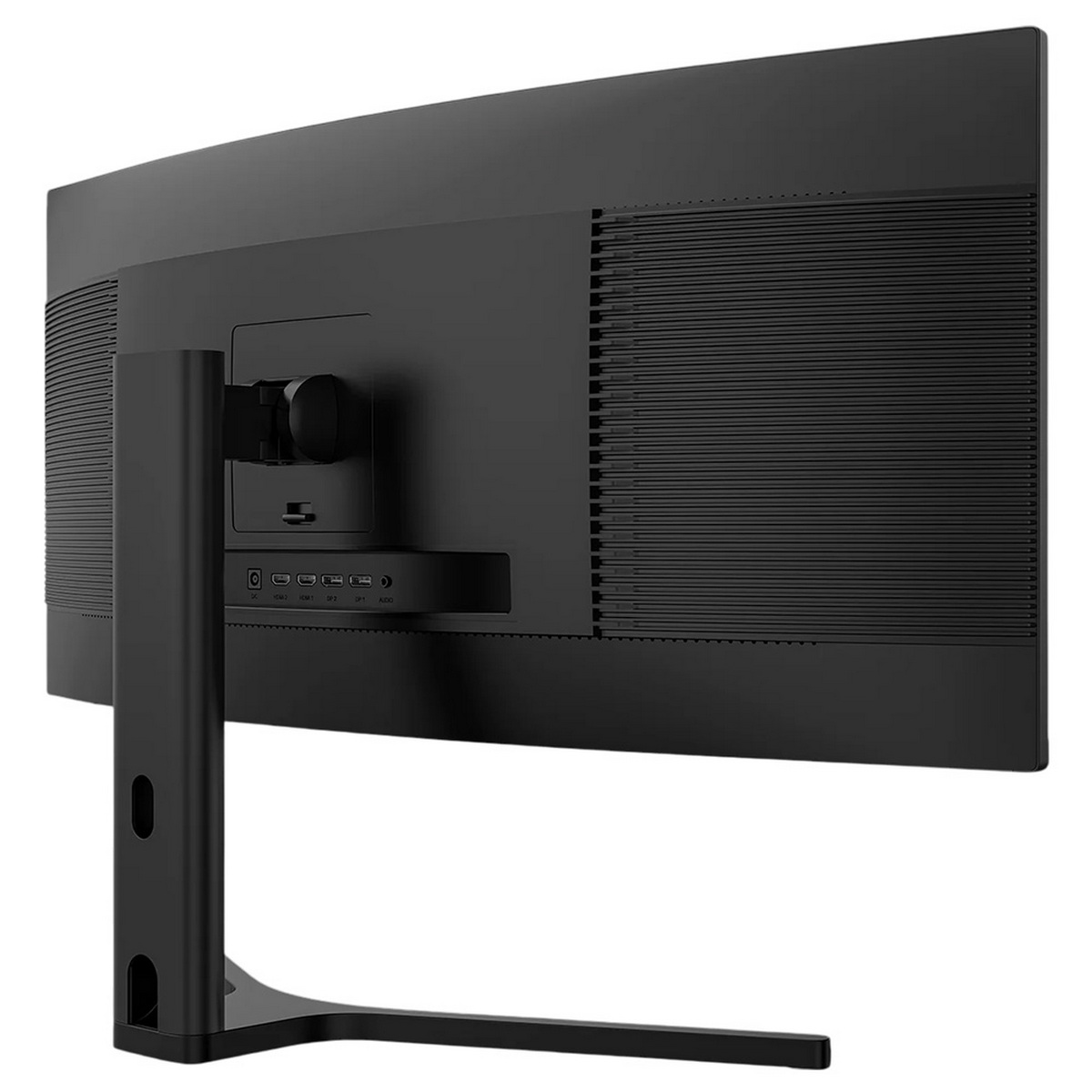 Tył czarnego zakrzywionego monitora z portami i podstawą.