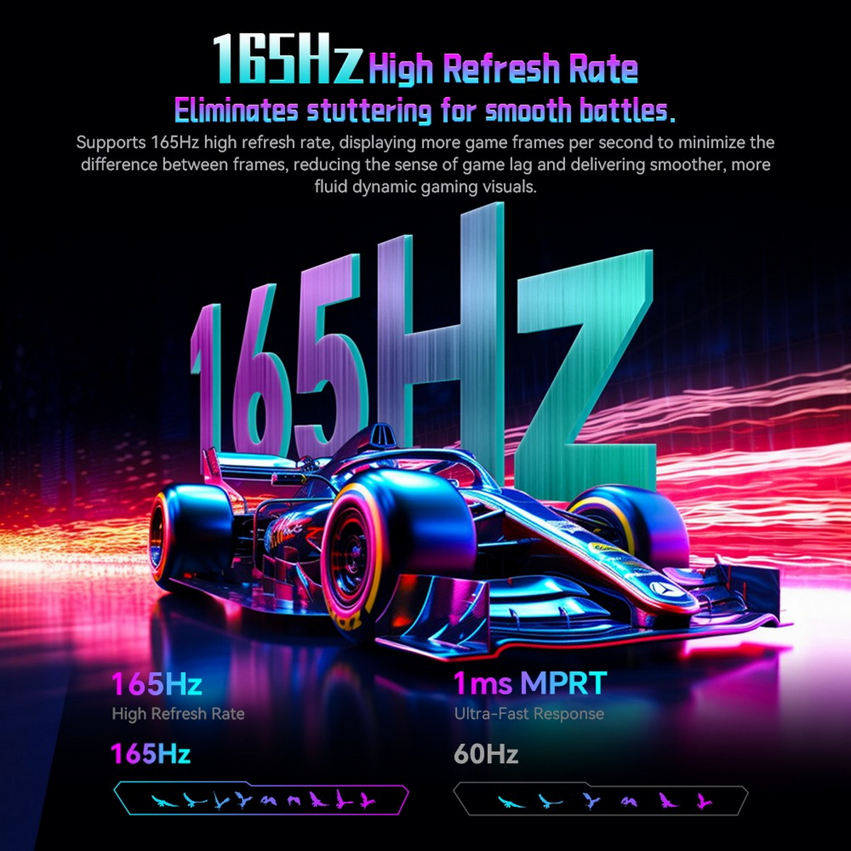 Obraz przedstawiający samochód wyścigowy oraz tekst '165Hz High Refresh Rate' i '1ms MPRT Ultra-Fast Response'.