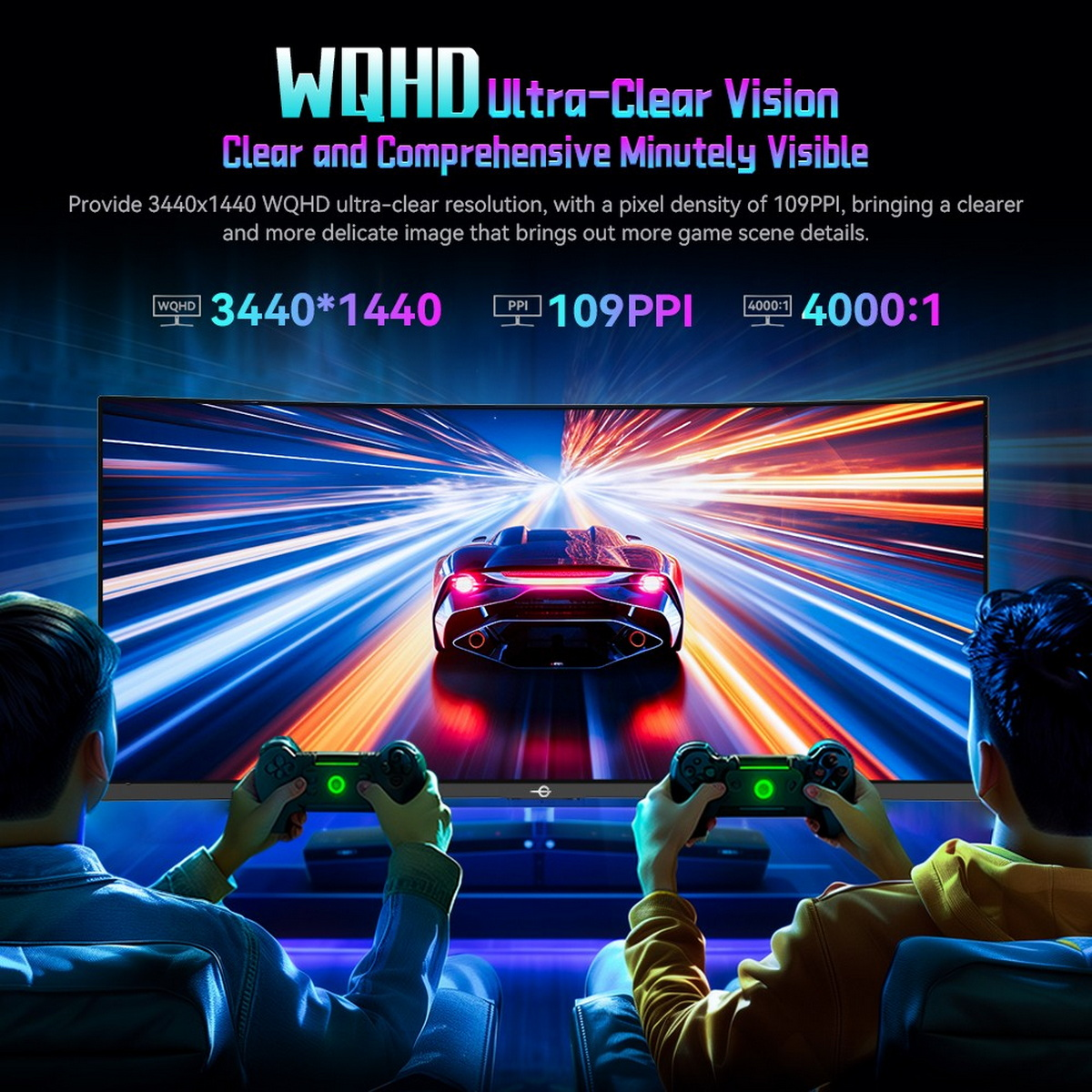 Dwie osoby grające w grę na monitorze wyświetlającym scenę wyścigu samochodowego, ze specyfikacjami.