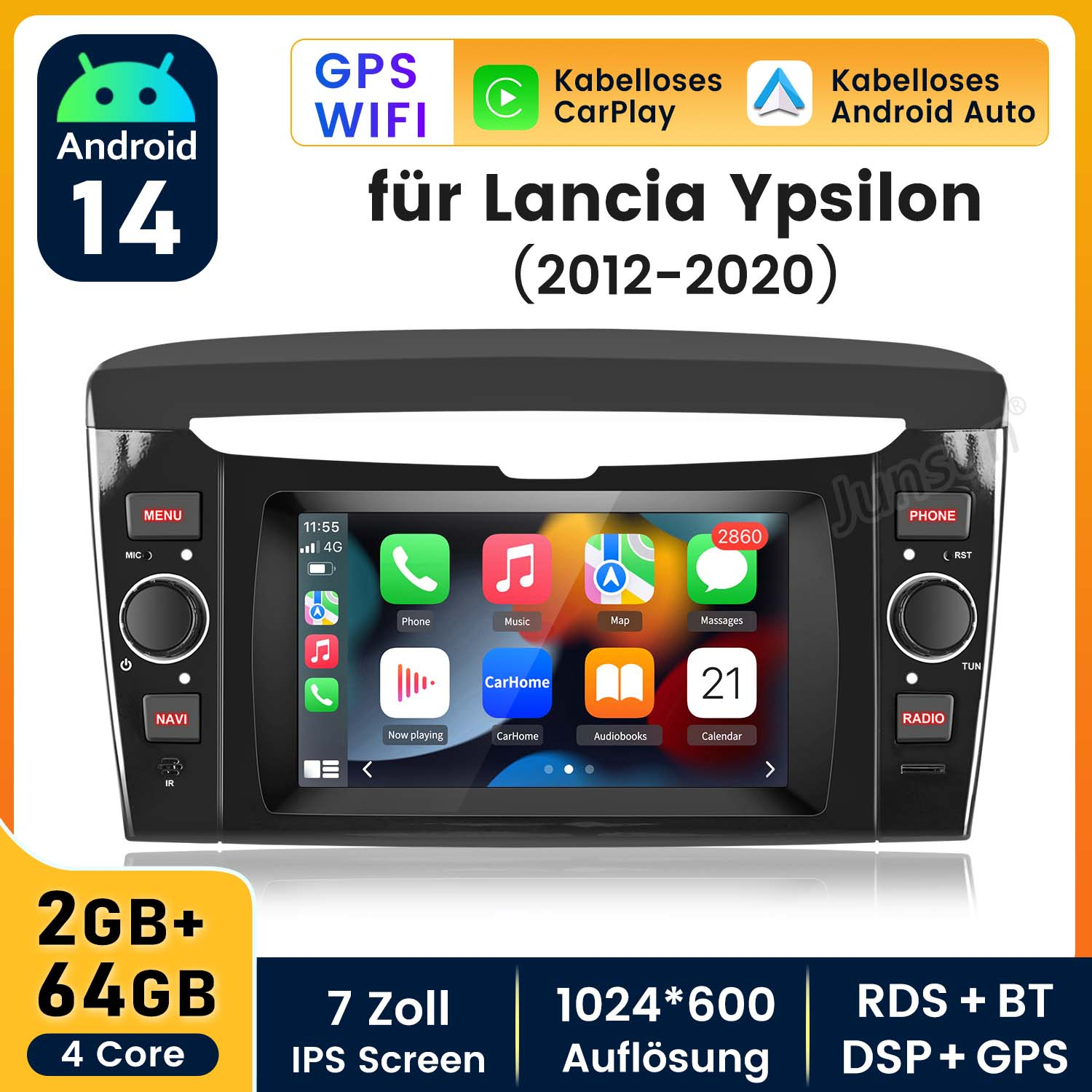 Radio samochodowe z interfejsem Android 14, oznaczone jako 7 cali, 2GB+64GB.
