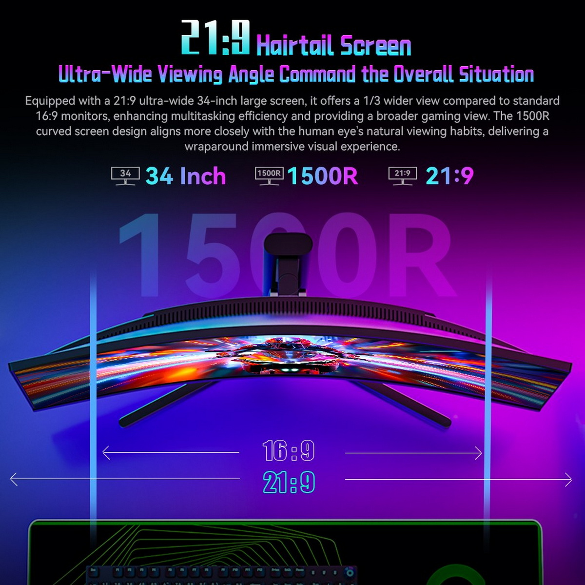Zakrzywiony monitor ultrawide z klawiaturą i myszą poniżej. Wyświetla tekst.