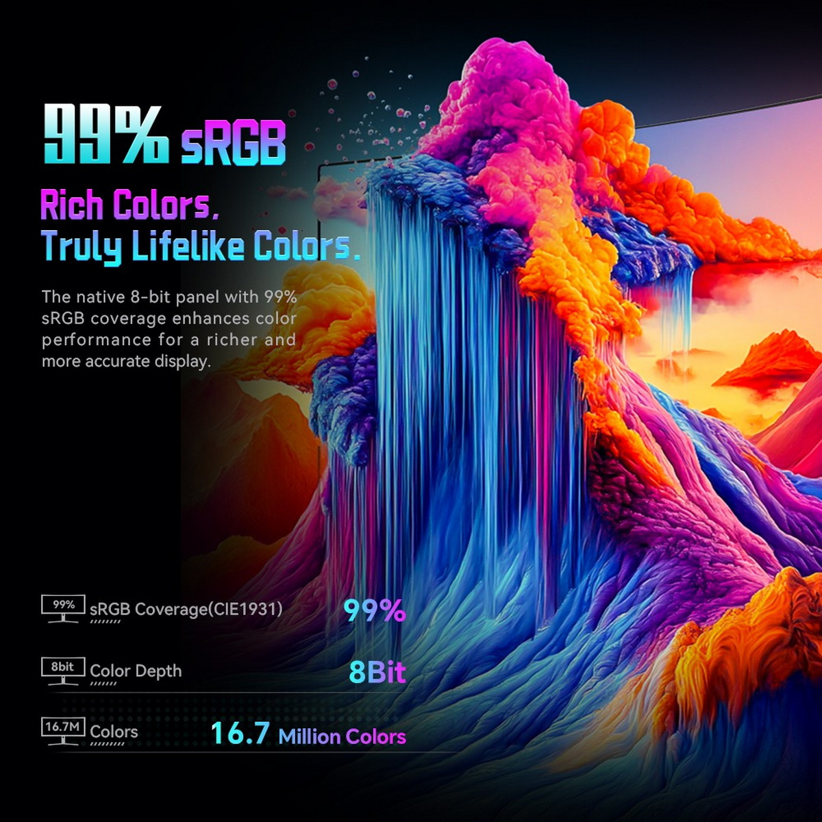 Abstrakcyjny obraz demonstrujący bogate kolory i głębię kolorów na ekranie monitora.