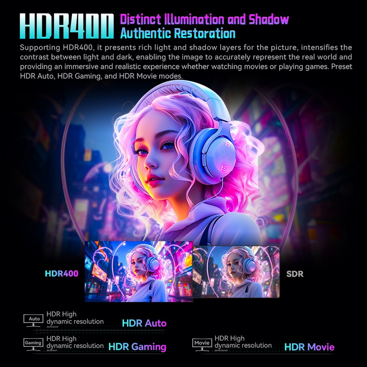 Kobieta ze słuchawkami, prezentująca tryby HDR na monitorze.