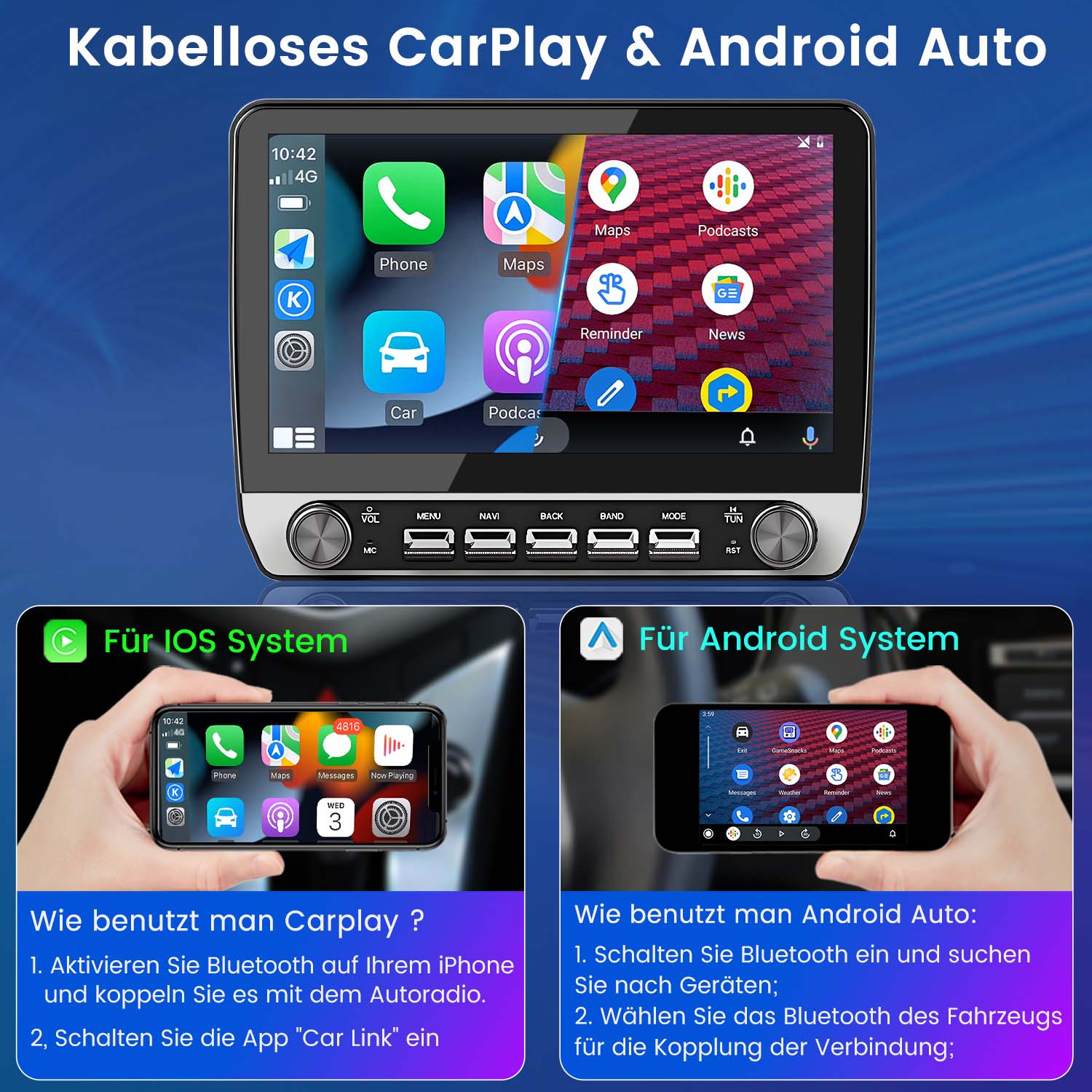 Ein Autoradio-Bildschirm mit CarPlay- und Android Auto-Oberflächen wird gezeigt.