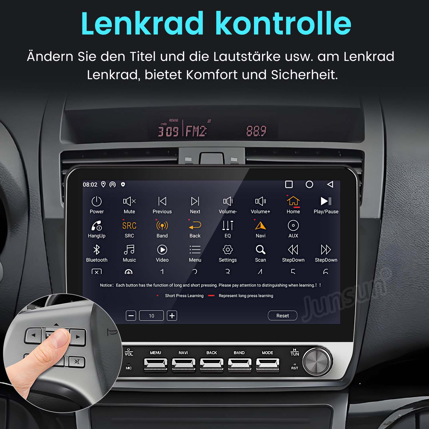 Autoradio mit Bedienfeld und eine Hand, die die Lenkradbedienelemente verwendet. Text: Lenkradkontrolle.