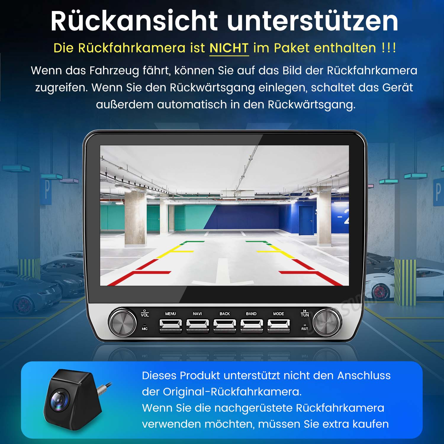 Ein Autoradio-Bildschirm zeigt eine Parkansicht mit der Ansicht der Kamera.