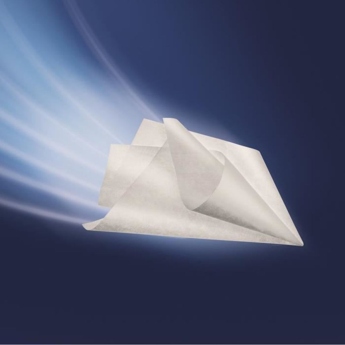 Ein abstraktes Bild von weißen Papierbögen, die vor einem blauen Hintergrund schweben.