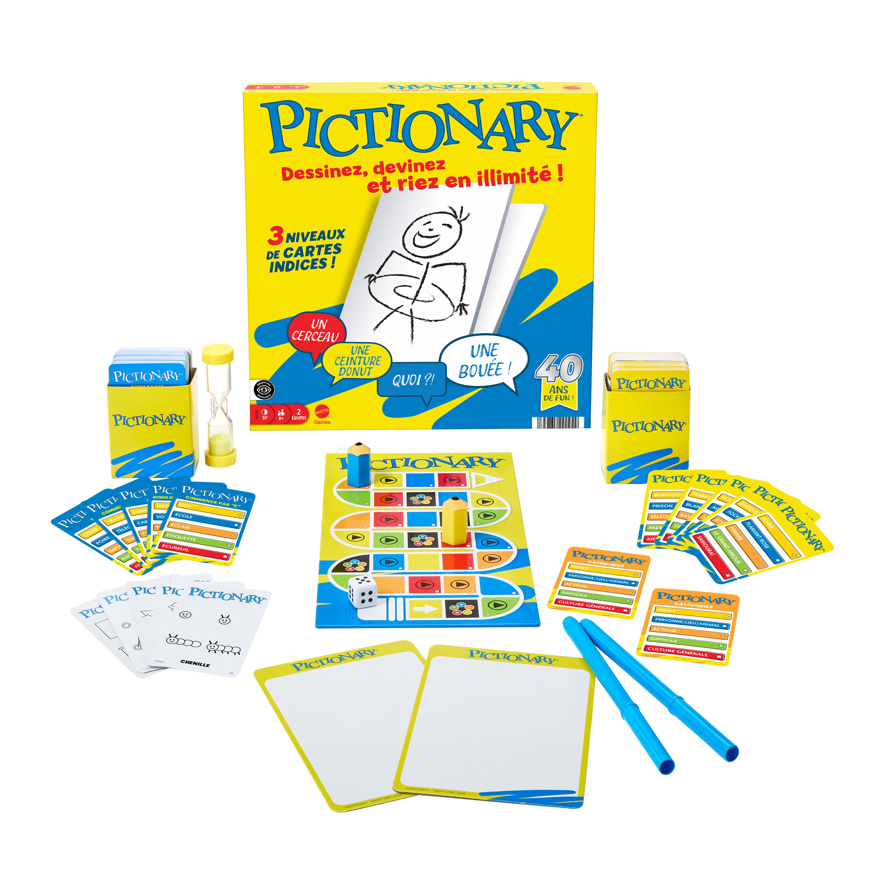 Pictionary-Spielbox und -Komponenten. Enthält Karten, Zeichenblöcke, Timer, Würfel und Stifte. Weißer Hintergrund.