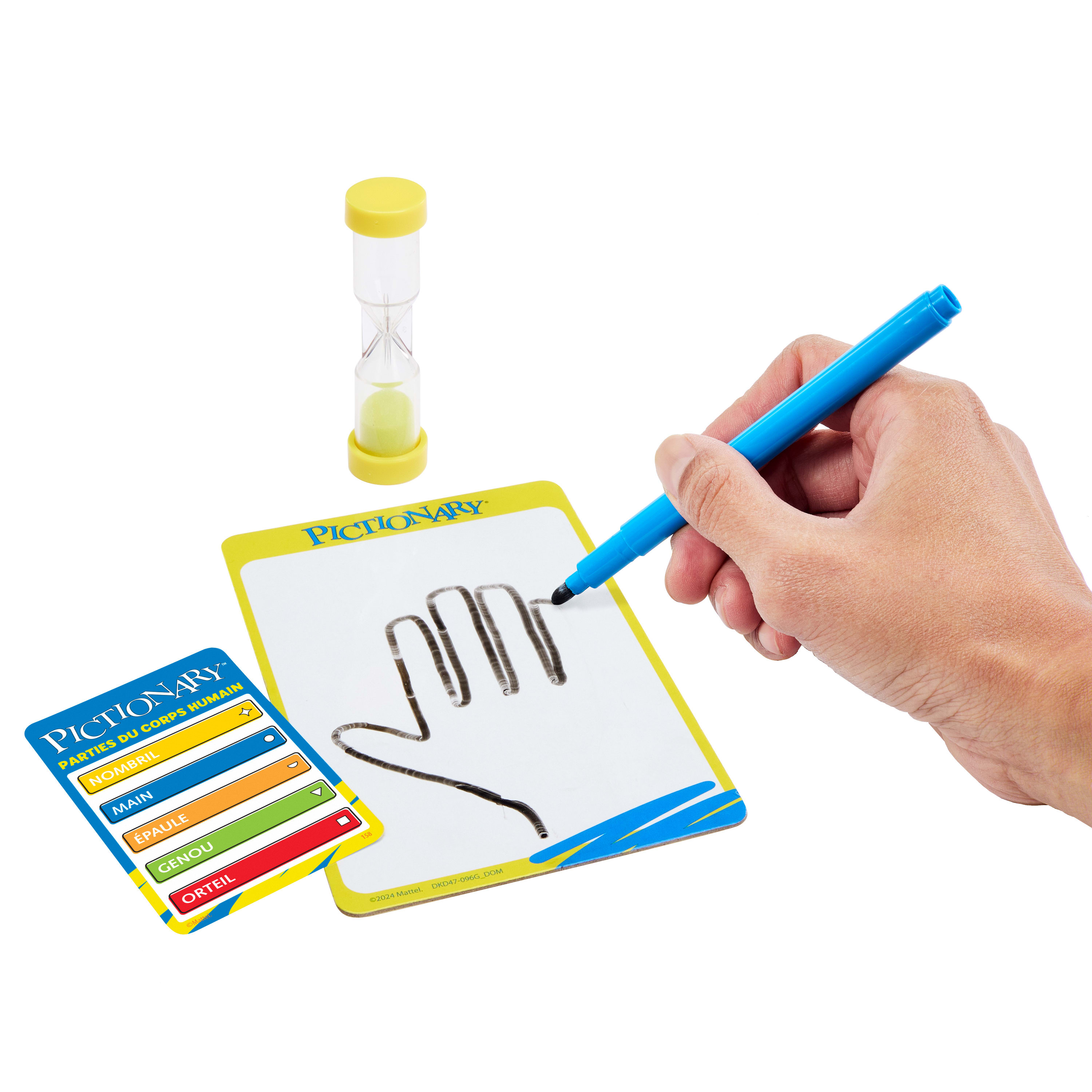 Person zeichnet eine Hand auf eine Pictionary-Karte, mit einem Timer und einer Karte mit Körperteilbezeichnungen.