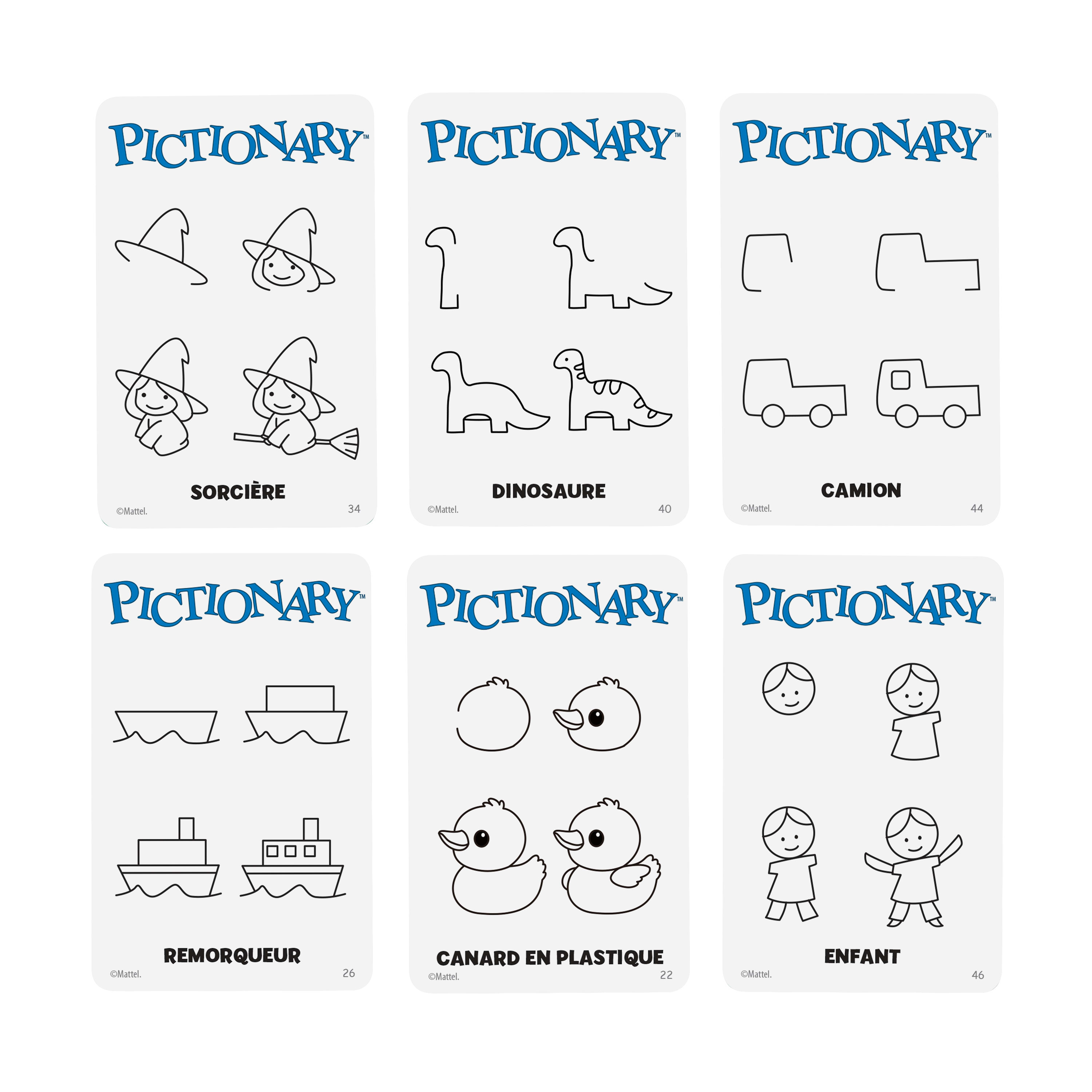 Karten aus einem Pictionary-Spiel. Zeichnungen umfassen eine Hexe, einen Dinosaurier, einen Lastwagen, ein Boot, Enten und Kinder.