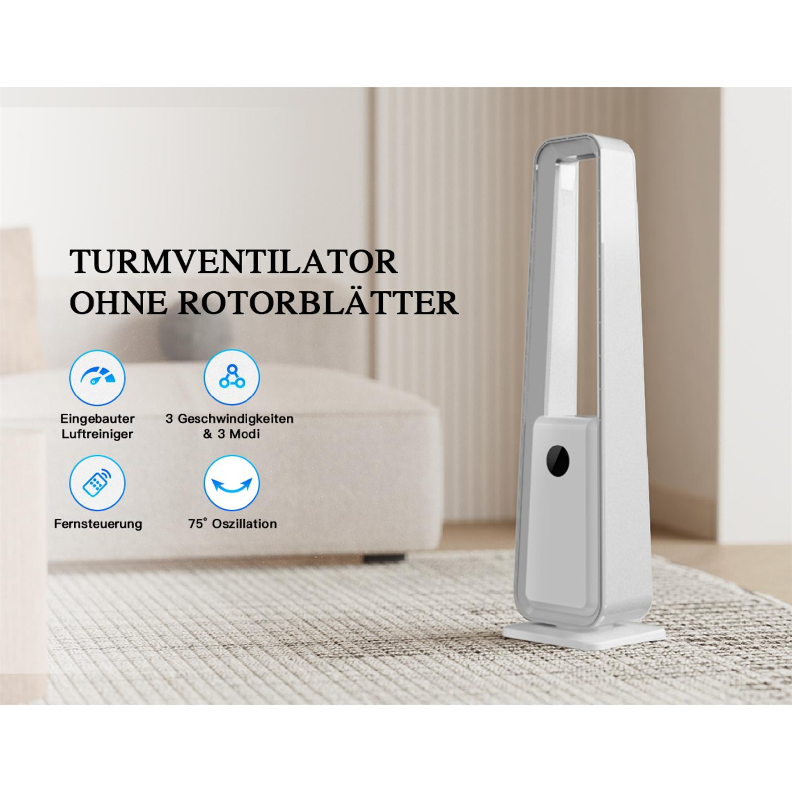 Ein weißer Turmventilator mit dem Text 'TURMVENTILATOR OHNE ROTORBLÄTTER'. Symbole und Text darunter zeigen Funktionen.