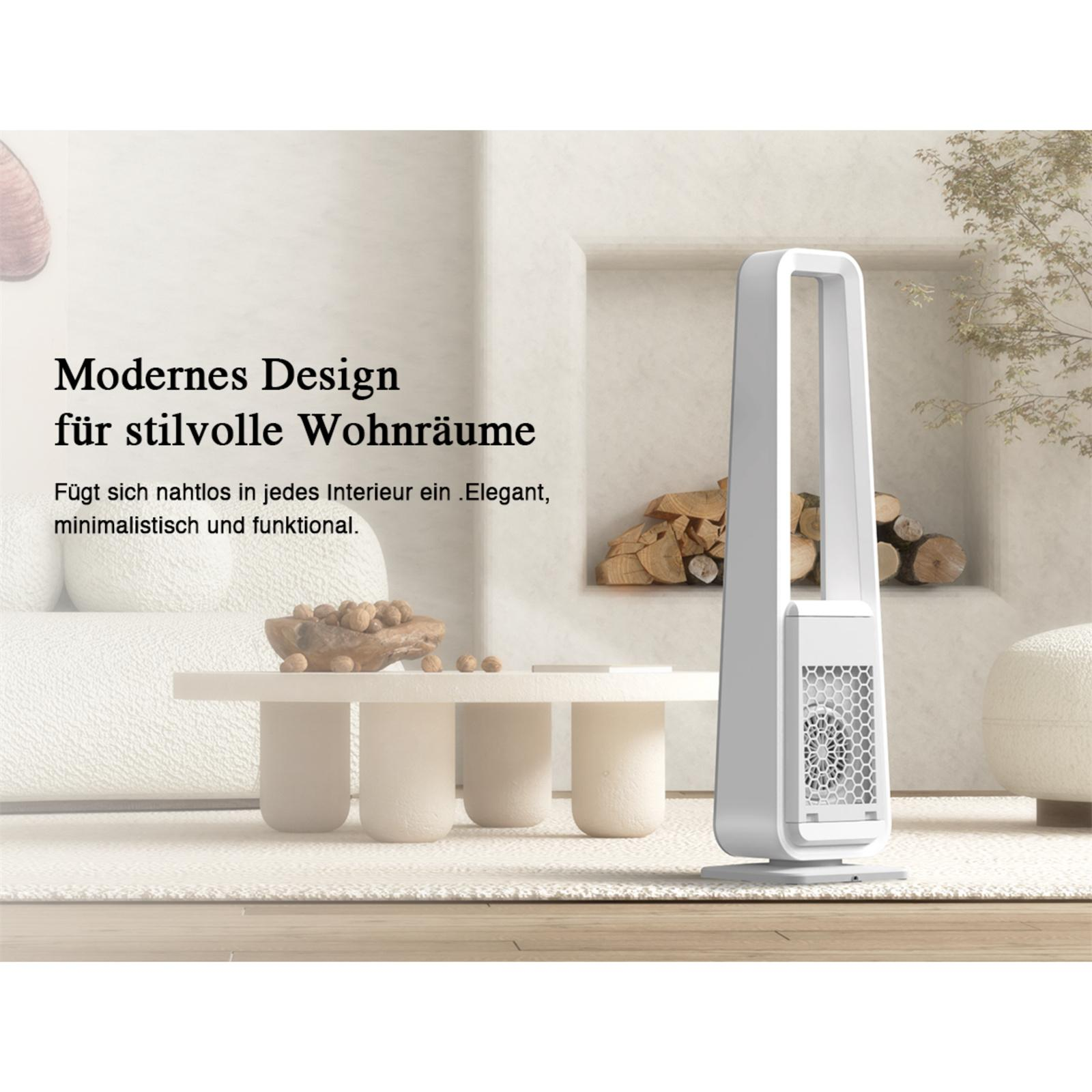 Ein weißer Turmventilator in einem Wohnzimmer. Der Text lautet 'Modernes Design für stilvolle Wohnräume'. Beigefarbene Möbel.