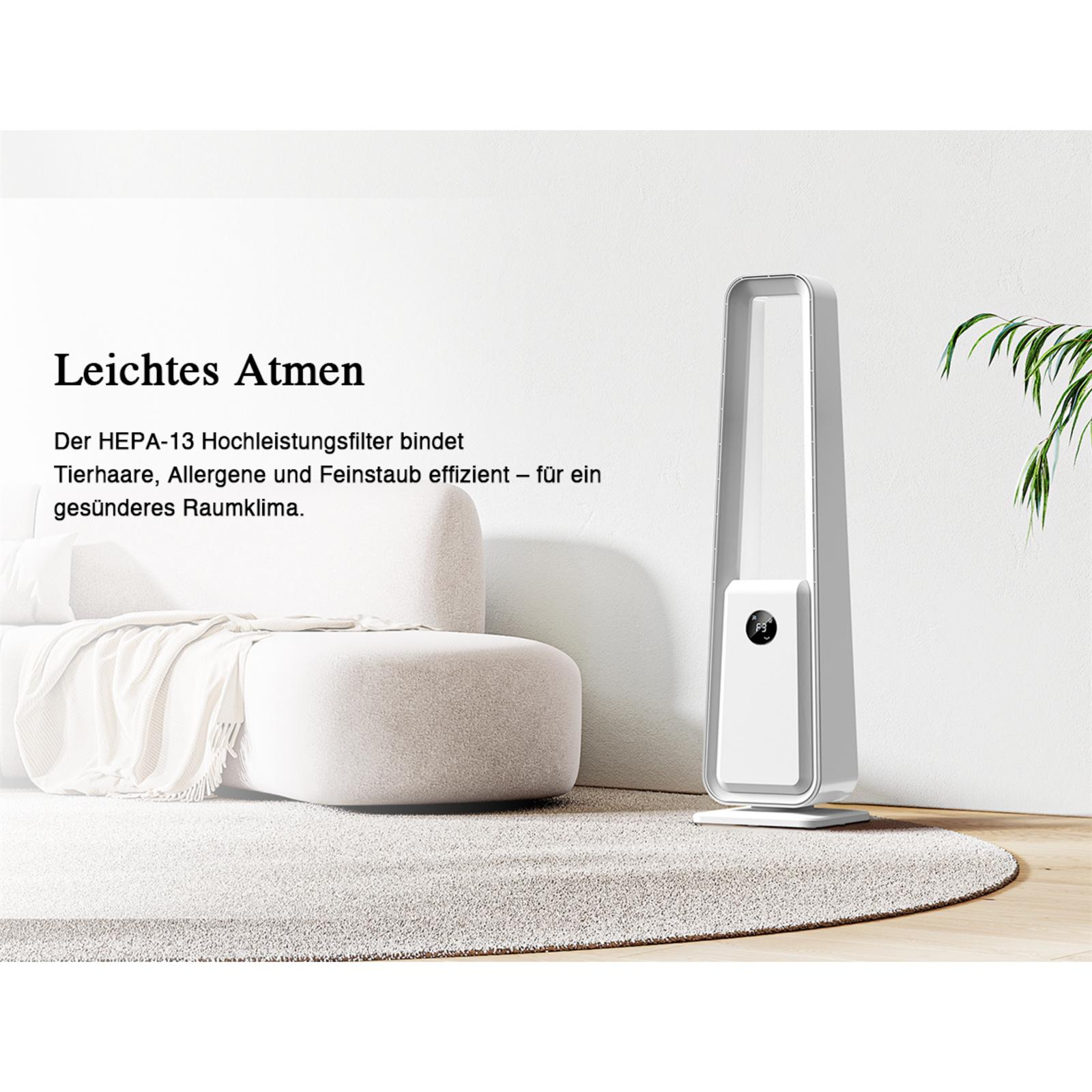 Ein weißer Luftreiniger in einem Wohnzimmer mit Sofa und Teppich. Der Text lautet 'Leichtes Atmen' und erwähnt HEPA-13 Filter.