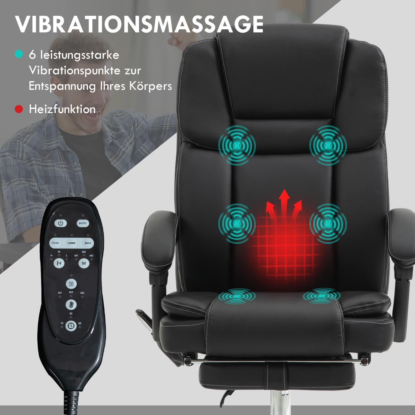 Ein schwarzer Bürostuhl mit Fernbedienung für Vibrationsmassage und Heizfunktion, sowie ein Mann im Hintergrund.