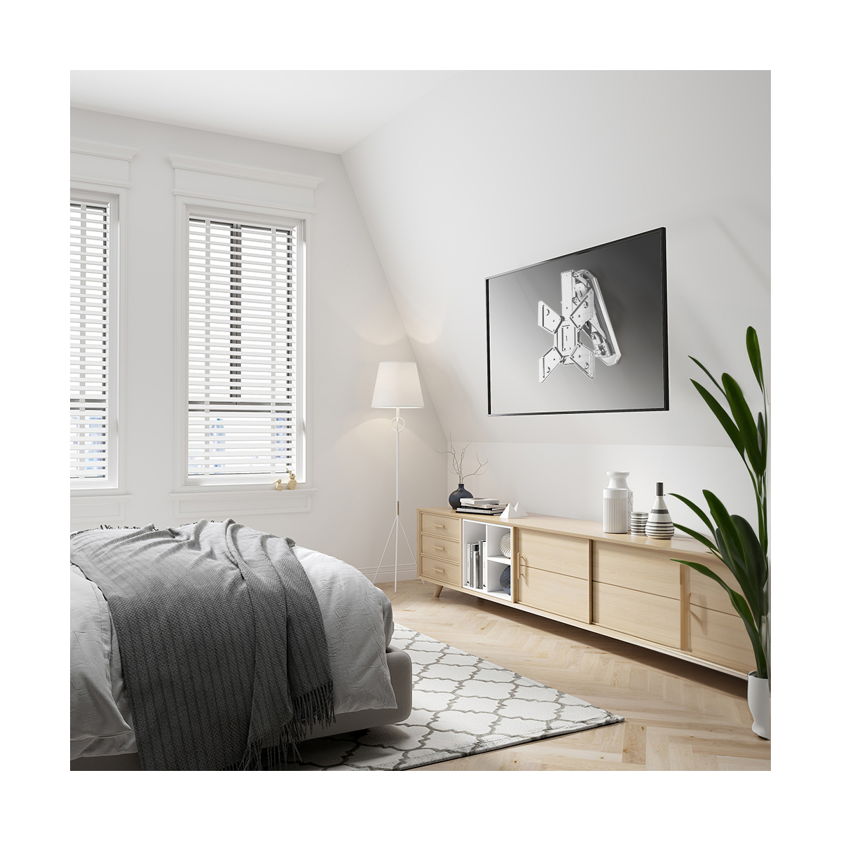 Ein modernes Schlafzimmer mit Bett, Fenstern und Fernseher über einem Holzschrank, wodurch eine gemütliche Atmosphäre entsteht.