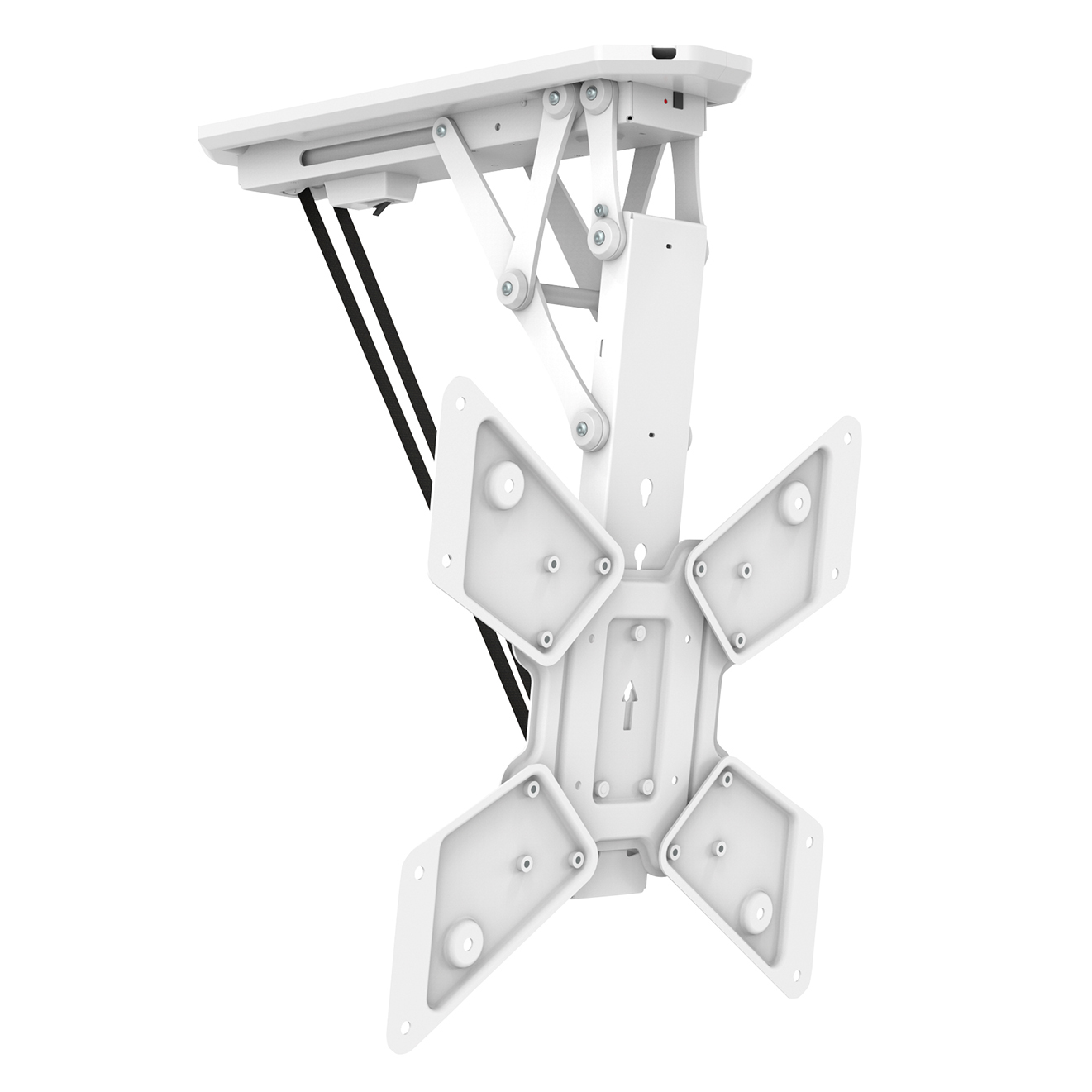 Weiße Deckenhalterung für Fernseher, mit mechanischen Armen und Montageplatten. Enthält schwarze Kabel zum Absenken.