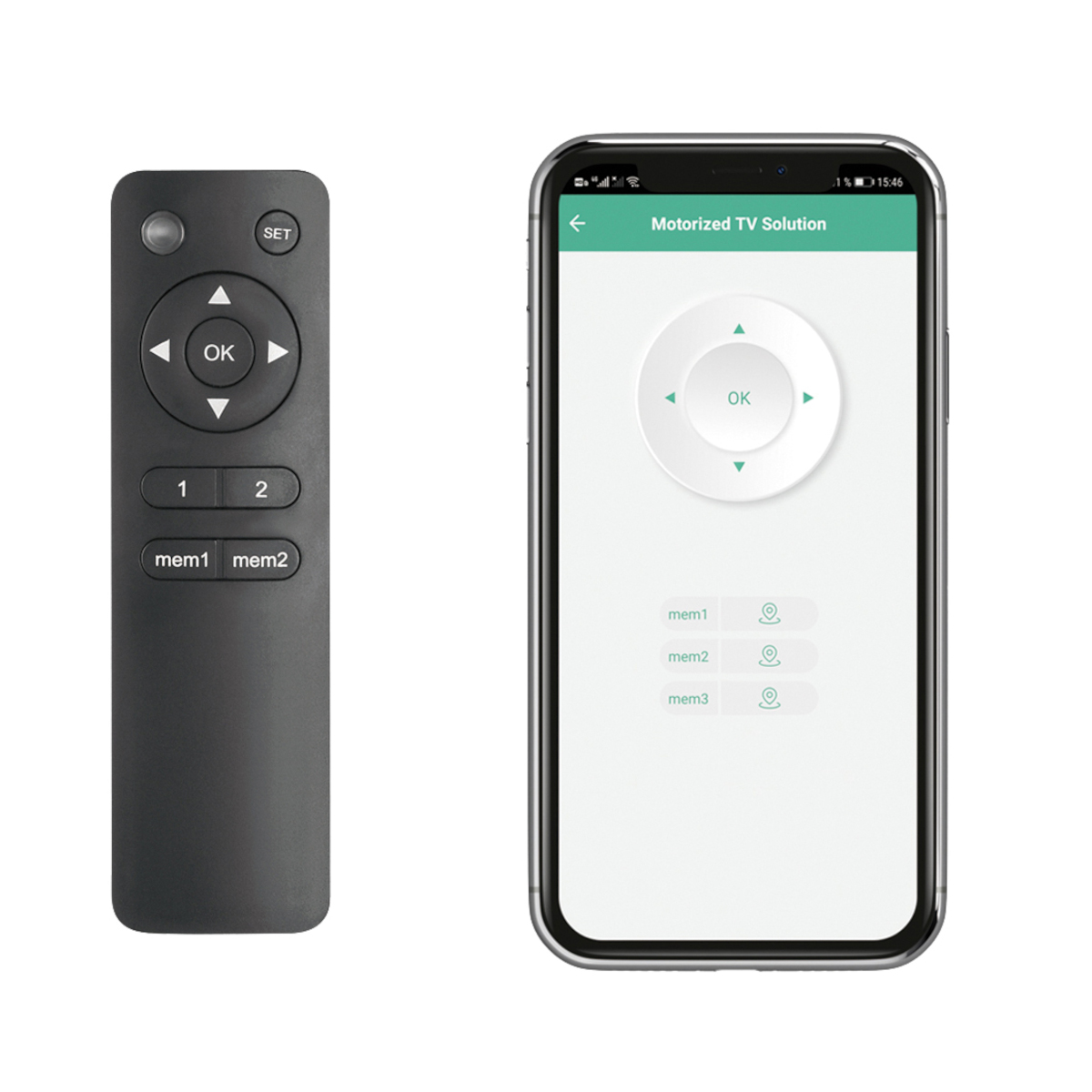 Eine schwarze Fernbedienung und ein Smartphone mit einer Benutzeroberfläche für eine motorisierte TV-Lösung auf weißem Hintergrund.