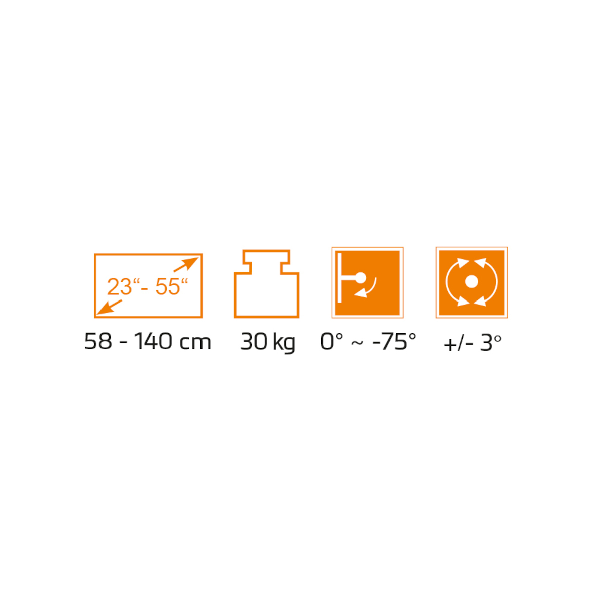 Symbole zeigen TV-Größenbereich (23-55 Zoll), Gewichtskapazität (30 kg), Neigungsbereich und Schwenkbereich.
