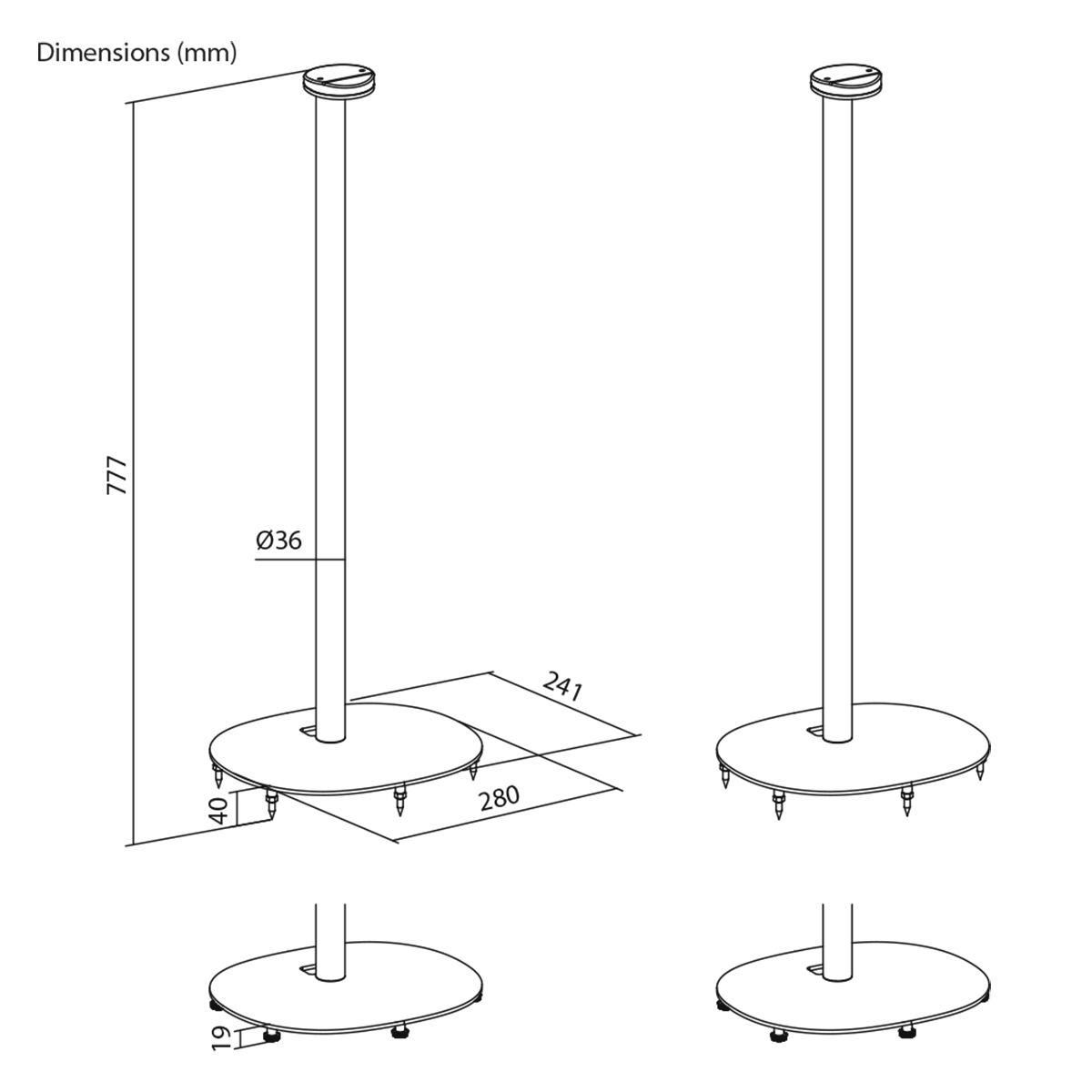 Diagramm von zwei Lautsprecherständern mit Abmessungen. Jeder Ständer hat eine runde Basis, eine vertikale Stange und eine obere Kappe.