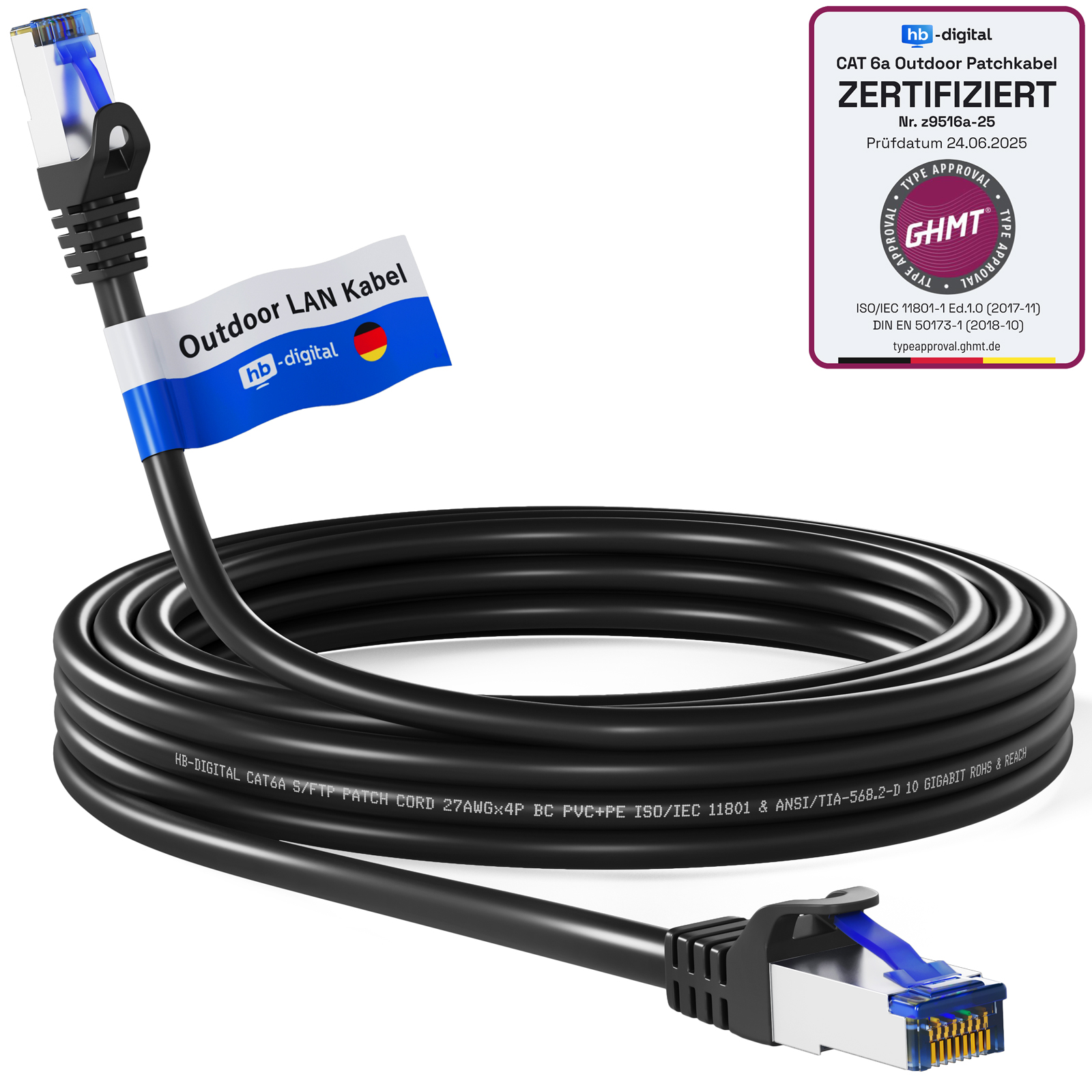 Schwarzes Netzwerkkabel mit blauen Steckern und Etikett. Weißer Hintergrund mit Zertifizierungsdetails.