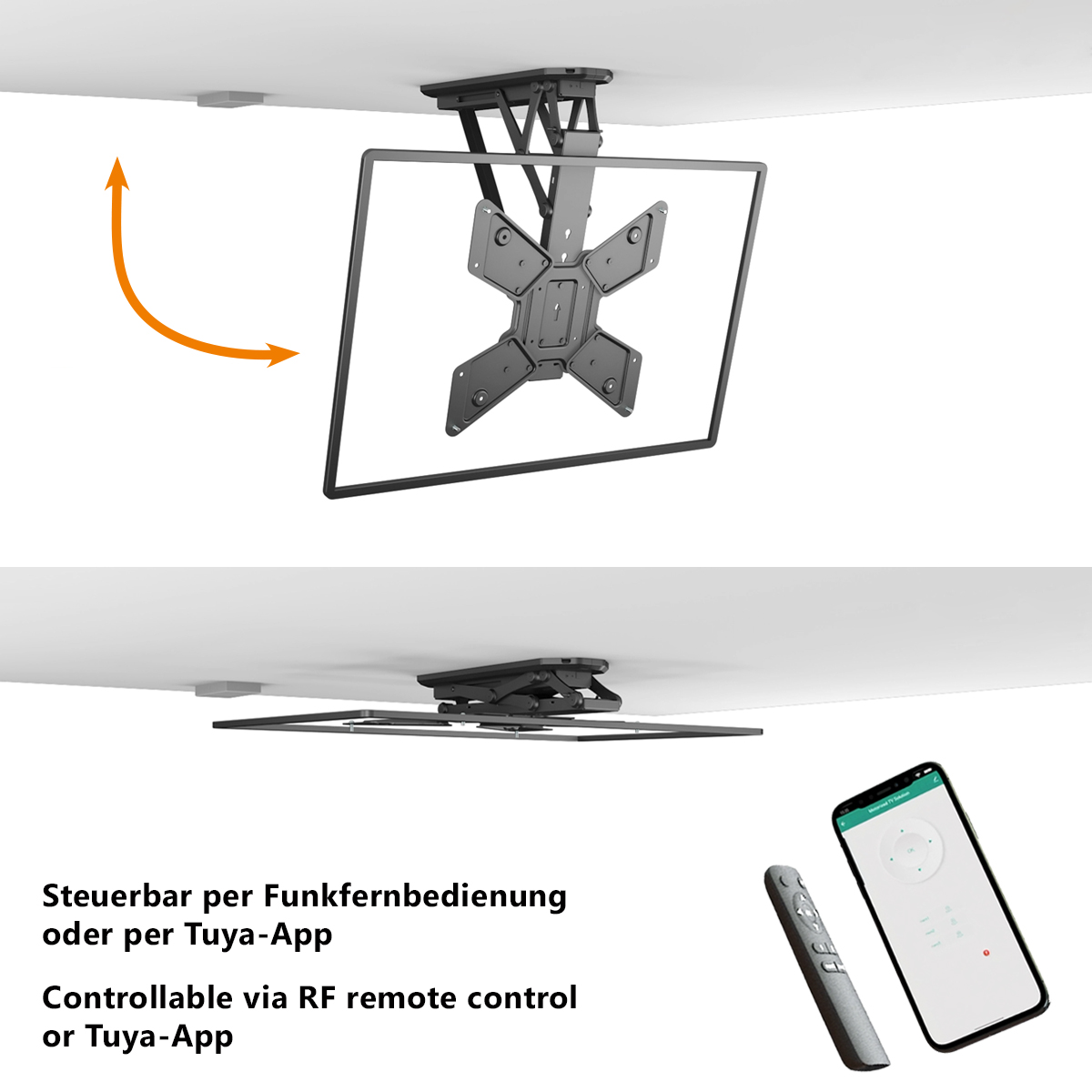 Eine Deckenhalterung für einen Fernseher. Der Fernseher ist nicht vorhanden. Fernbedienung und Telefon mit App.